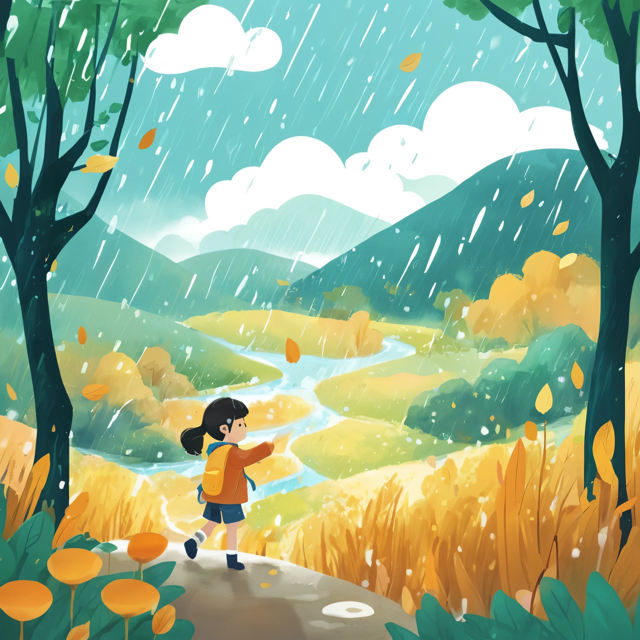 季节性Children's books籍插图, Grain Rain Palette,  Rainy landscape,Rainy weather, Content Sentiment
,Children's books, Children&#39;s RedmAF,
 