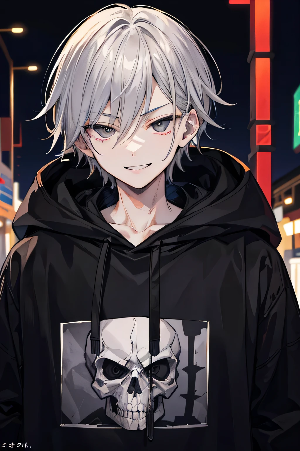 Masterpiece, best quality, High quality, very detailed, 1 boy, Gray hair and black eyes, Black hoodie with skull pattern, road, nighttime, candy, You bastard!, evil smile, Portrait, stalwart