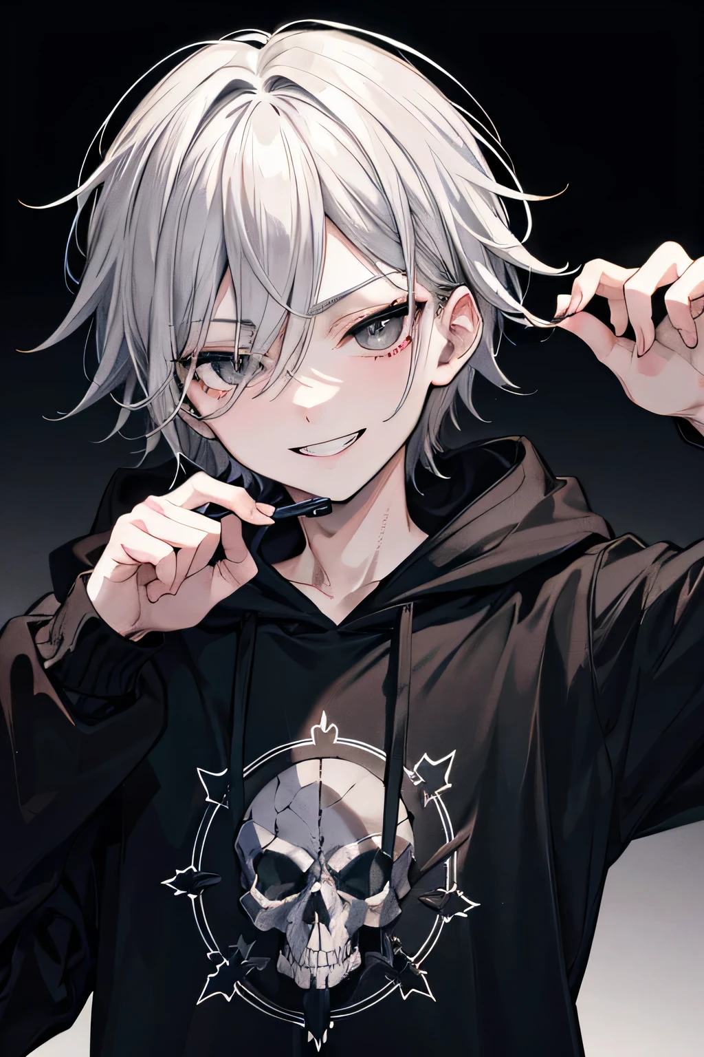Masterpiece, best quality, High quality, very detailed, 1 boy, Gray hair and black eyes, Black hoodie with skull pattern, road, nighttime, candy, You bastard!, evil smile, Portrait, stalwart