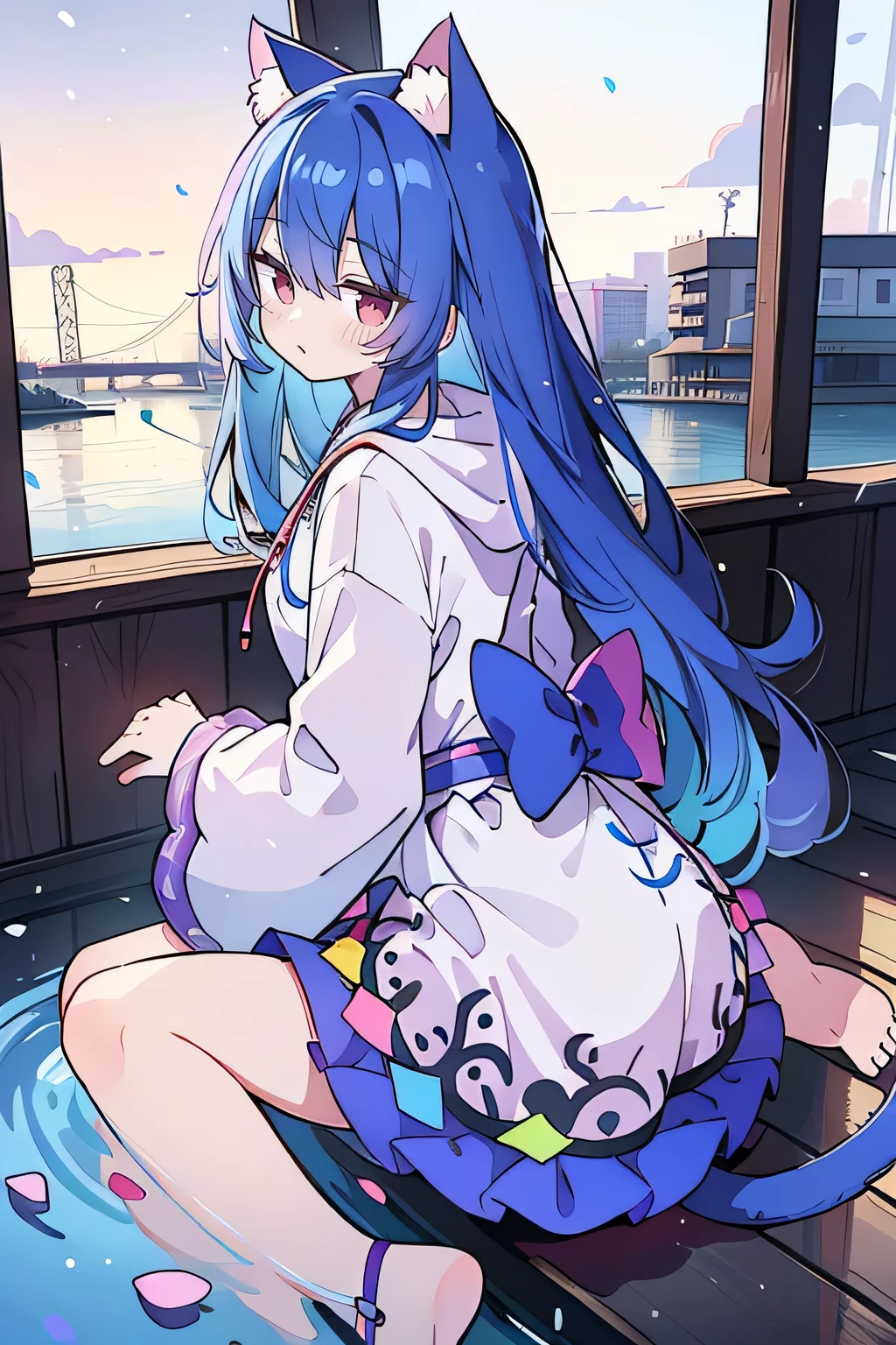 (masterpiece:1.2),Super detailed,lifelike,Expressive eyes,fair skin,perfect face shape,1 girl,
Japanese comics,Gorgeous blue hair,flowing blue hair,flowing clothes,Cat ears,Petals fall,beautiful lola,Baby Angel,
Cross your legs,Gentle and peaceful background,The pavilion is cool and comfortable, wearing hoodie, background of tokyo,back views,snowing, winter.