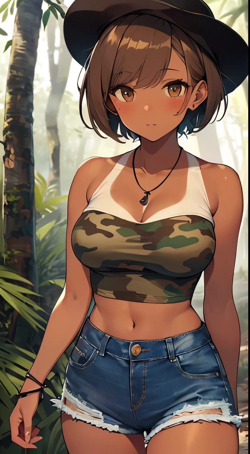 highest quality,(masterpiece),(((Whole body image))),(girl1), (Highly detailed face),Slightly round face, (Tan brown face:1.6), Boyish beauties, Grim face(Big eyes),(Gray Hair Shortcut Hair:1.5),(Brown skin:1.6),(Denim hot pants:1.3),(Camouflage tube top 1.3),(1 knife in one hand.3),in the forest,In the jungle,survival,Sexy thighs,