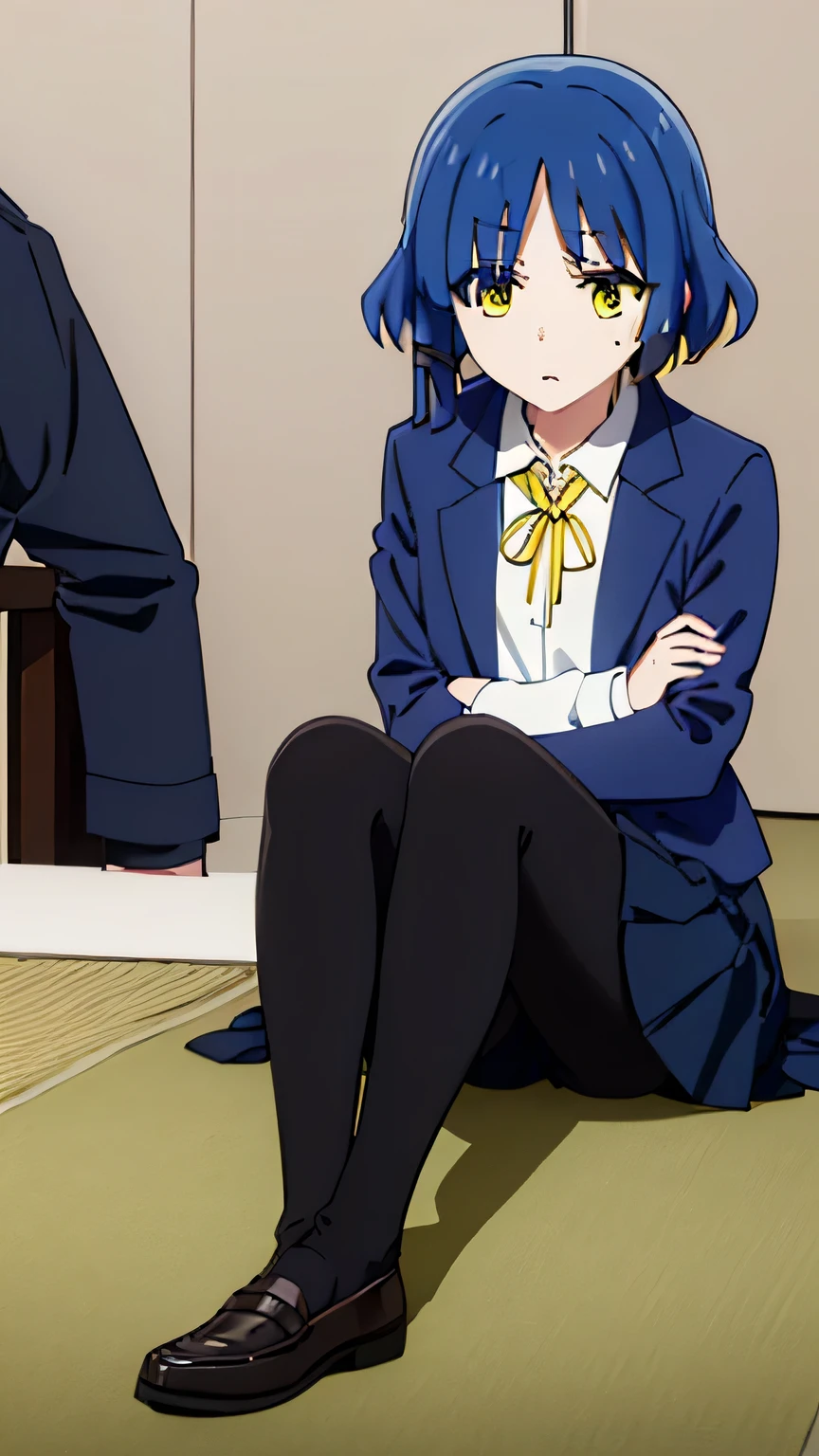 ryou yamada, blue hair, eyes visible through hair, mole, mole under eye, short hair, (yellow eyes:1.5), hairclips, black pantyhose, black ribbon, blue skirt, brown footwear, loafers, long sleeves, pantyhose, ribbon, , shimokitazawa high , shirt, shoes, skirt, white shirt,