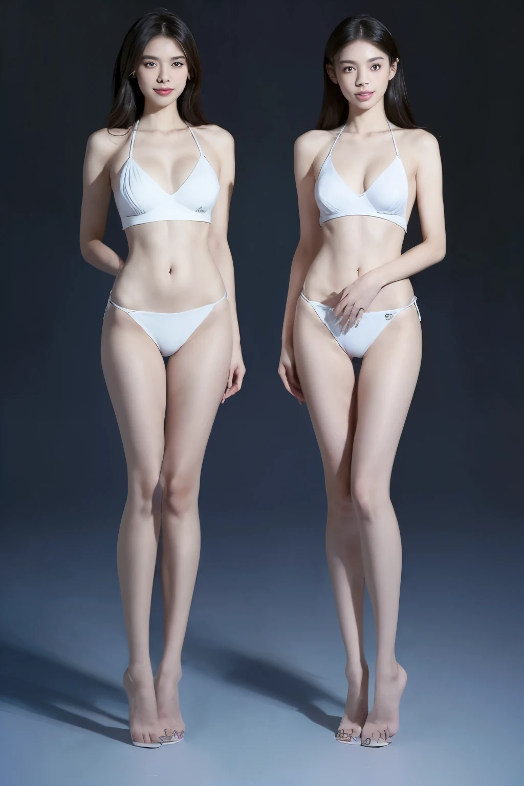 (highest quality, HD masterpiece: 1.3), concentrated: 1.2, ((Two beauties with perfect supermodel figures: 1.2)), Super thin waist: 1.2, Thin buttocks, (( Fashion short straight distribution: 1.5, )), (Wet clothes: 1.1) , (Both of them are wearing white summer micro bikinis.: 1.1), ( White micro bikini top and bottom, Open the navel, 完璧なSuper thin thighs: 1.2), Highly detailed face and skin texture,((整ったBoth eyes)),Beautiful nose, fine 目, double eyelid, People with white skin Japan, smile: 1.2, happiness: 1.2, teeth, tongue, Both eyes, Lip gloss, Ultra-Realistic Details, Wide Lighting, Natural Shadows, (((((Both of them take full body shots: 1.8)))))，(Even though she&#39;s a high school girl, she has a slimmer figure than a top model)，(Perfect super long legs)，(((Both of them have an inseam that is more than half their height.)))，(Very small hips)，((Extremely thin legs))，Large, firm breasts, Super long thighs,(Super thin thighs)，(Super slim calves),(Skinny thighs),Small Ass,Super muscular body，Super toned waist,More emphasis on the abdominal muscles，((Both of them are muscular and have clearly defined six pack abs.))，Super thin waist，((White high heels))，(barefoot)，(tall)，Extremely slim top model figure，Attention posture，(((Both of them are very revealing)))，lengthen limbs，((Standing pose with heels together))，Both of them stand with their heels together，女子高生なのにトップモデル以上のtall，(They&#39;re both high school girls, yet incredibly tall.)，((Both are Japanese high school girls.)),(The background is a girls&#39; high school classroom.),The background is a classroom with rows of desks.,((15 years old)))，I can see your chest,Round eyes，(Beautiful nose)，(((Resting posture)))，Hands on hips,Both of them face forward，Standing in matching white heels,(((Both of you should face your whole body straight ahead.))),Super long arms，Thin hands,(Align your thighs,(Both of them are extremely slim)，Standing still，,(Both of them have their whole body facing forward),((Black Hair)),（((Black Hairのロングヘアー))),Both of them stand up straight.,(((Both people stretch their legs out straight))),(((Both people stand with their legs shoulder-width apart and stretched out straight.))),((Both of them are in a resting pose.)),((Both of them are in a pose with their legs stretched out straight.)),((Japanese face)),顔のBoth eyesと鼻と口のバランスが綺麗に整っている,Both eyesが綺麗な自然体,Beautiful natural nose,Point your hips forward and move them forward a little.,バレーボール選手くらいの激やせtall,Both of them are beautiful with a 9-head body proportion.,Very thin ankles,The arms are very slender and muscular,The legs are super slender and muscular,Make your arms thinner,Longer arms,Super slim and muscular legs,Both of them have super long legs.,The middle of the thighs are very thin,Super muscular and extremely slim calves,Super muscular and slim thighs,Very tight waist,(Both of them have an inseam that is more than half their height.の美脚),Extremely thin thighs,(Both of them are wearing extreme summer micro bikini swimsuits.),They are both the same height,Fine skin,Firm skin,(((Both of them should fit from the top of their heads to the toes of their heels.))),(((Both of them have super slim legs))),(((Both of them have amazingly slim figures.))),Both of them have super slim and muscular legs.,Both of them are very tall,Cute Girls,(((Neither of them bend their knees))),((Both of them are standing upright and facing straight ahead.)),(Both of you should kneel together and face straight ahead.),((Attention posture)),((Open your legs shoulder-width apart)),information