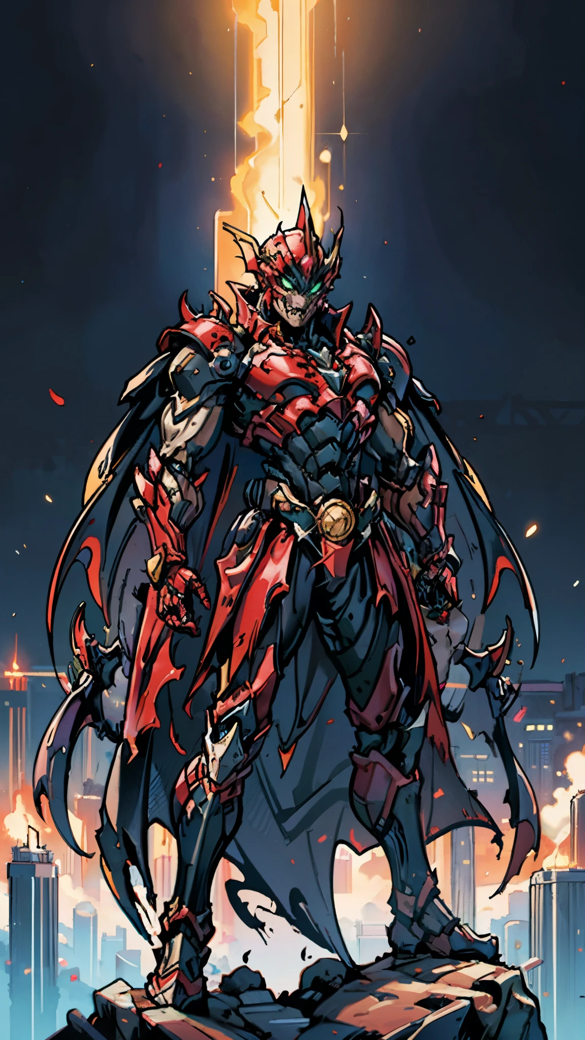 A man wearing a full-face helmet, a fantasy-style biotech armored combat suit, green eyes, (a composite layered chest armor), fully enclosed shoulder guards, matching arm and leg guards, the belt is adorned with fangs biting into gemstone, (the color scheme is primarily blue with black and red accents), the design balances heavy with agility, a high-tech bio-mecha armor, (Armor Concept Inspired by Vampire, the huge cape fluttering in the wind, stand on the top of a skyscraper in a futuristic sci-fi city), this character embodies a finely crafted fantasy-surreal style armored hero in anime style, exquisite and mature manga art style, (battle damage, element, blood, plasma, energy, the armor glows), ((male:1.5)), metallic, real texture material, dramatic, high definition, best quality, highres, ultra-detailed, ultra-fine painting, extremely delicate, professional, perfect body proportions, golden ratio, anatomically correct, symmetrical face, extremely detailed eyes and face, high quality eyes, creativity, RAW photo, UHD, 32k, Natural light, cinematic lighting, masterpiece-anatomy-perfect, masterpiece:1.5