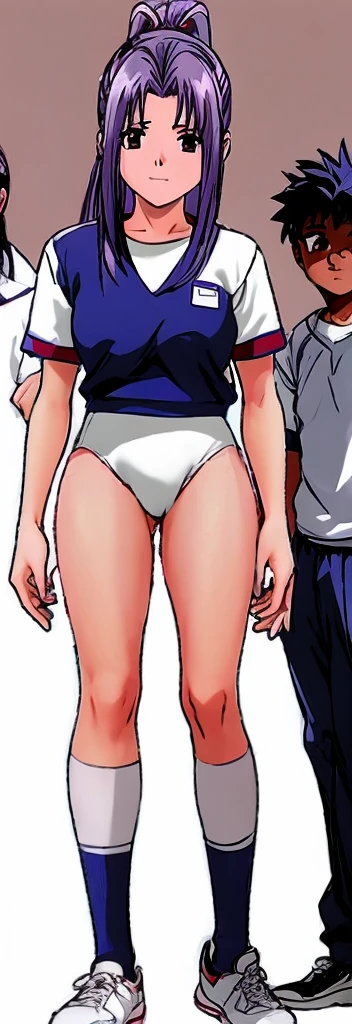 Momoko Koigakubo, a tall girl with beautiful legs, is standing with her legs spread to the sides in a white gym uniform and light navy blue bloomers that look like panties.。Next to Momoko Koigakubo, a fifth grade boy with a shaved head and wearing a tracksuit is smiling and grabbing her thigh.。