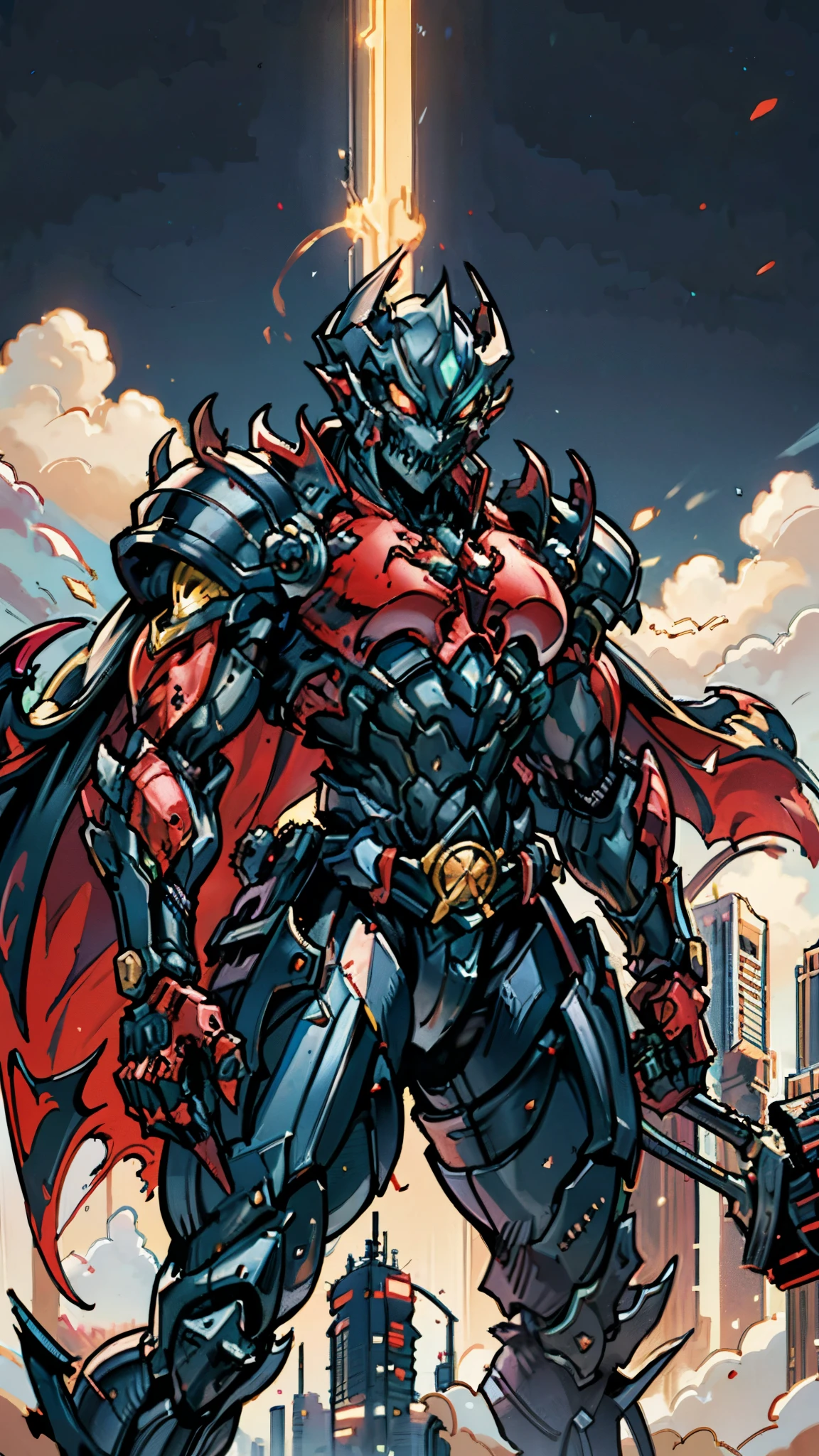 A man wearing a full-face helmet, a fantasy-style biotech armored combat suit, green eyes, (a composite layered chest armor), fully enclosed shoulder guards, matching arm and leg guards, the belt is adorned with fangs biting into gemstone, (the color scheme is primarily blue with black and red accents), the design balances heavy with agility, a high-tech bio-mecha armor, (Armor Concept Inspired by Vampire, the huge cape fluttering in the wind, stand on the top of a skyscraper in a futuristic sci-fi city), this character embodies a finely crafted fantasy-surreal style armored hero in anime style, exquisite and mature manga art style, (battle damage, element, blood, plasma, energy, the armor glows), ((male:1.5)), metallic, real texture material, dramatic, high definition, best quality, highres, ultra-detailed, ultra-fine painting, extremely delicate, professional, perfect body proportions, golden ratio, anatomically correct, symmetrical face, extremely detailed eyes and face, high quality eyes, creativity, RAW photo, UHD, 32k, Natural light, cinematic lighting, masterpiece-anatomy-perfect, masterpiece:1.5