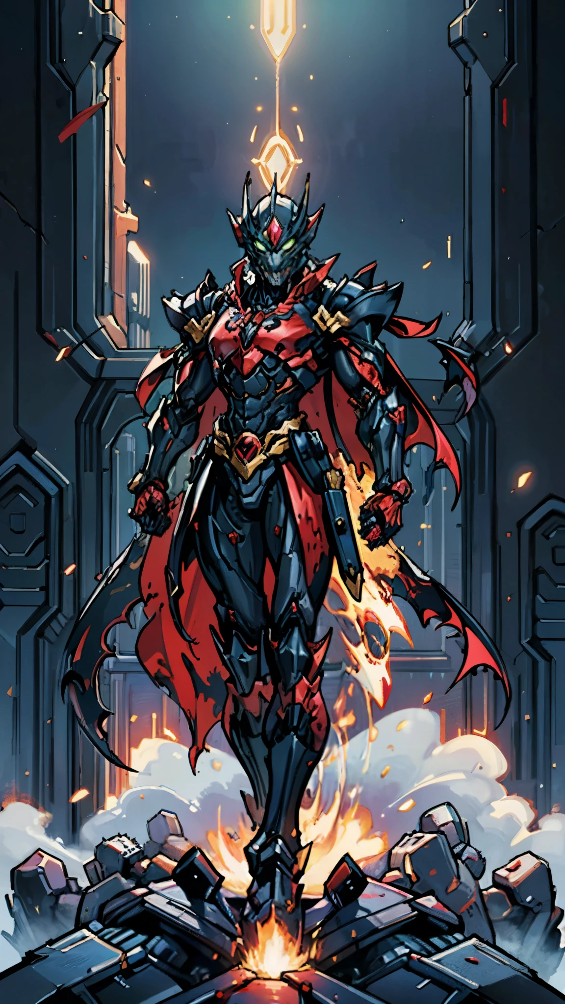 A man wearing a full-face helmet, a fantasy-style biotech armored combat suit, green eyes, (a composite layered chest armor), fully enclosed shoulder guards, matching arm and leg guards, the belt is adorned with fangs biting into gemstone, (the color scheme is primarily blue with black and red accents), the design balances heavy with agility, a high-tech bio-mecha armor, (Armor Concept Inspired by Vampire, the huge cape fluttering in the wind, stand on the top of a skyscraper in a futuristic sci-fi city), this character embodies a finely crafted fantasy-surreal style armored hero in anime style, exquisite and mature manga art style, (battle damage, element, blood, plasma, energy, the armor glows), ((male:1.5)), metallic, real texture material, dramatic, high definition, best quality, highres, ultra-detailed, ultra-fine painting, extremely delicate, professional, perfect body proportions, golden ratio, anatomically correct, symmetrical face, extremely detailed eyes and face, high quality eyes, creativity, RAW photo, UHD, 32k, Natural light, cinematic lighting, masterpiece-anatomy-perfect, masterpiece:1.5