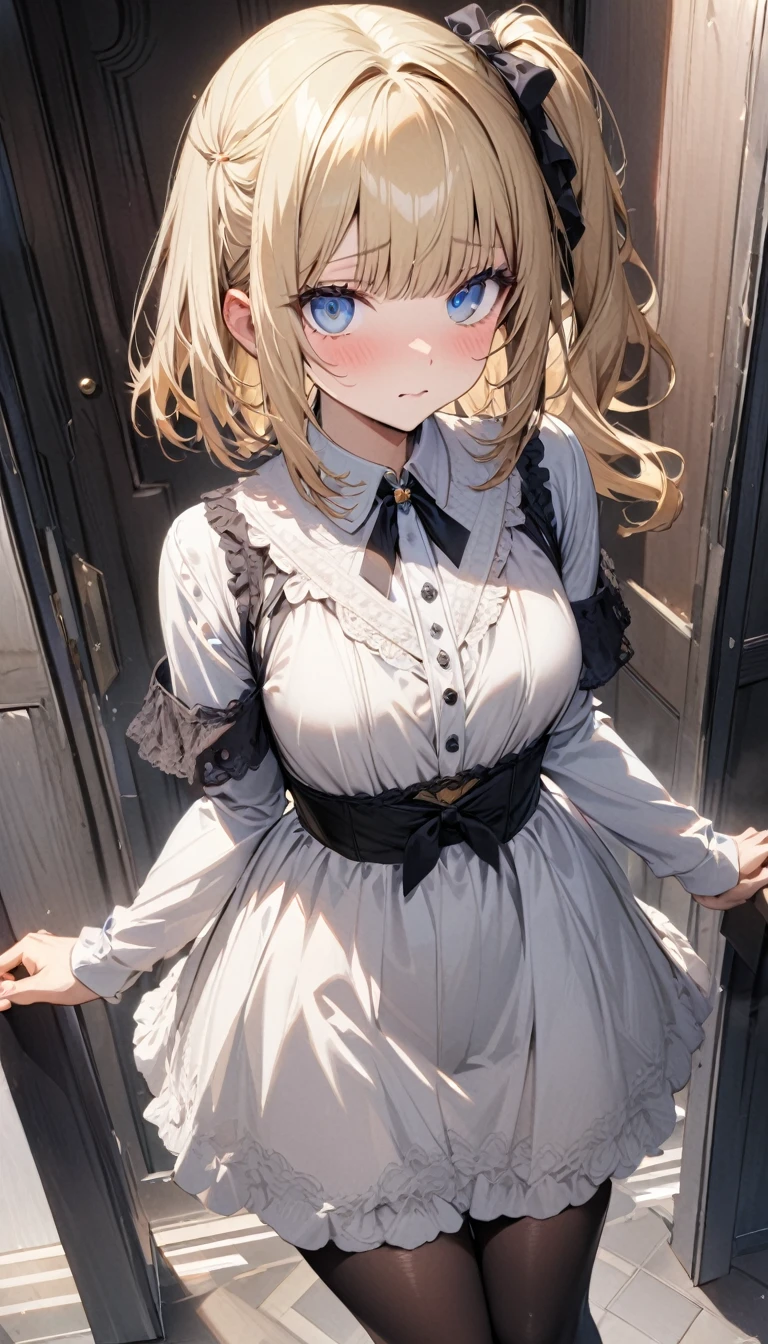 master piece, best quality, ultra detailed, look at viewer, shy, handsome, 1 woman, side ponytail, medium hair, hime cut, blonde hair, cute eyes, blue eyes, black tights, dress,