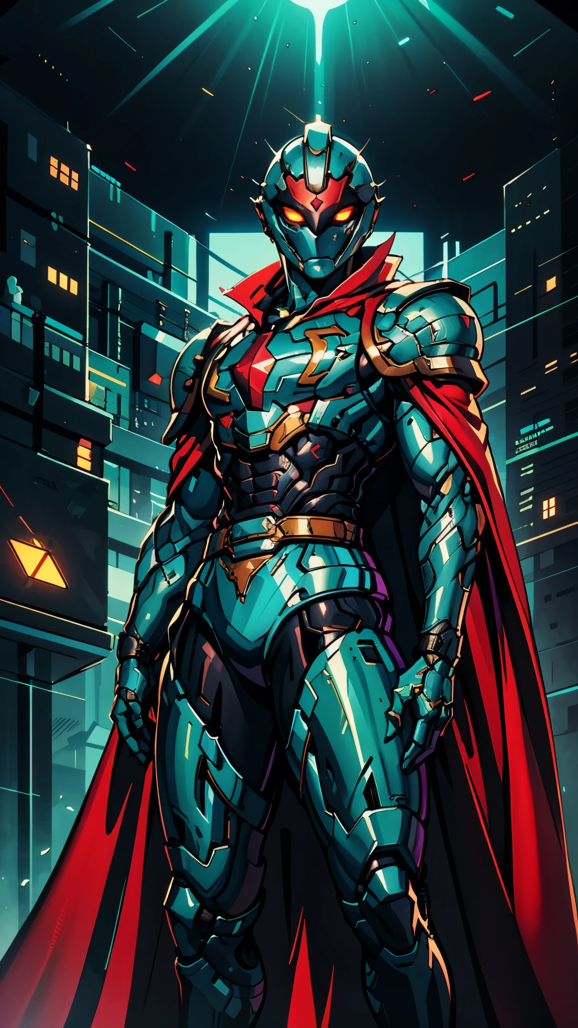 A man wearing a full-face helmet, a fantasy-style biotech armored combat suit, green eyes, (a composite layered chest armor), fully enclosed shoulder guards, matching arm and leg guards, the belt is adorned with fangs biting into gemstone, (the color scheme is primarily blue with black and red accents), the design balances heavy with agility, a high-tech bio-mecha armor, (Armor Concept Inspired by Vampire, the huge cape fluttering in the wind, stand on the top of a skyscraper in a futuristic sci-fi city), this character embodies a finely crafted fantasy-surreal style armored hero in anime style, exquisite and mature manga art style, (battle damage, element, blood, plasma, energy, the armor glows), ((male:1.5)), metallic, real texture material, dramatic, high definition, best quality, highres, ultra-detailed, ultra-fine painting, extremely delicate, professional, perfect body proportions, golden ratio, anatomically correct, symmetrical face, extremely detailed eyes and face, high quality eyes, creativity, RAW photo, UHD, 32k, Natural light, cinematic lighting, masterpiece-anatomy-perfect, masterpiece:1.5