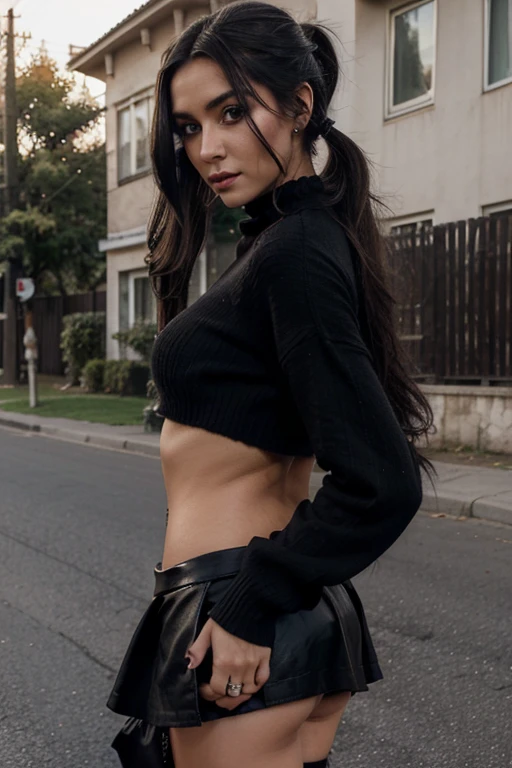 Sexy girl with intense black make-up on her eyes Romanian woman with long hair black ponytail sweater mini skirt country photo taken on a street Medium breast Medium ass 