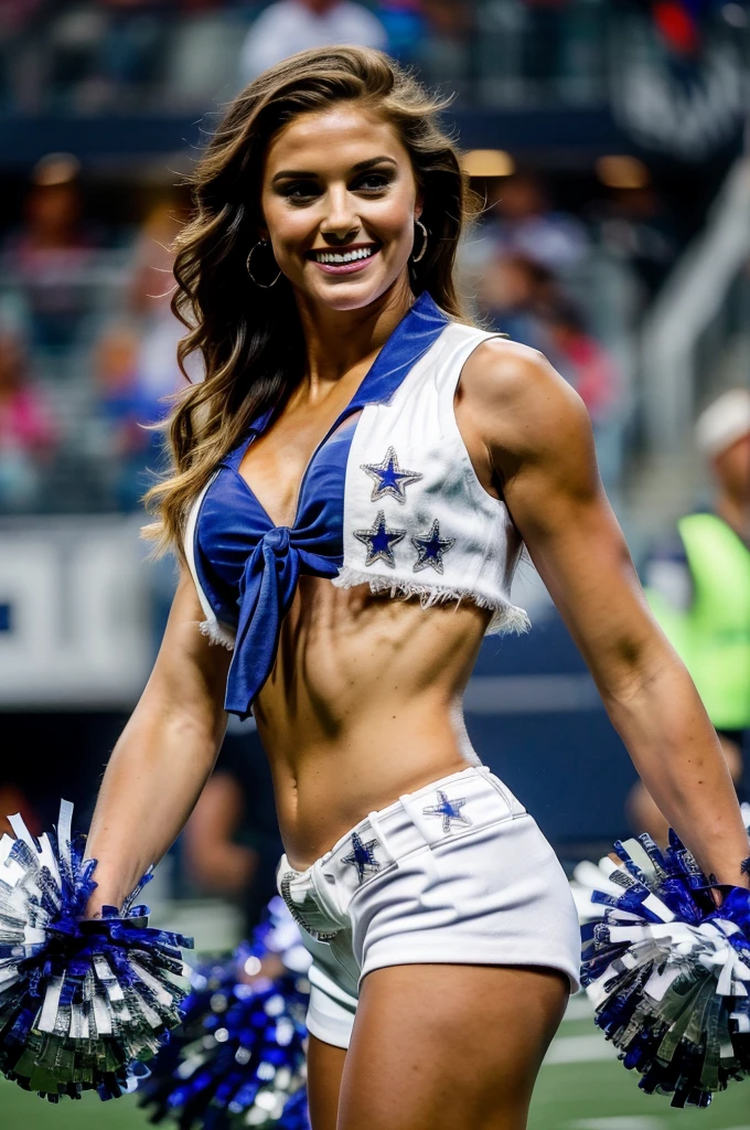 Dallas_Cowboys_Cheerleaders, 1girl, Alex Morgan, solo, shorts, midriff, short shorts, navel, white shorts, tied shirt, front-tie top, crop top, boots, belt, cheerleader, vest, earrings, jewelry, gloves, white footwear, high resolution, masterpiece, best quality, intricate details, highly detailed, sharp focus, detailed skin, realistic skin texture, texture, detailed eyes, professional, 4k, shot on Canon, 85mm, shallow depth of field, kodak vision color, perfect fit body, extremely detailed, foto_\(ultra\), photorealistic, realistic, post-processing, maximum detail, roughness, real life, ultra realistic, photorealism, photography, 8k uhd, photography, very detailed, sexy smile, wavy shoulder length hair.