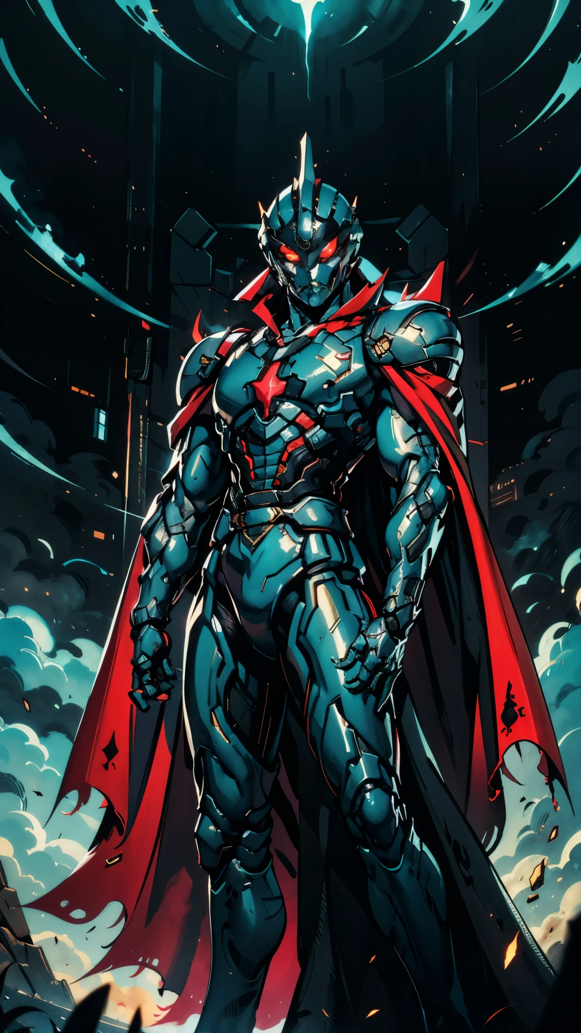 A man wearing a full-face helmet, a fantasy-style biotech armored combat suit, green eyes, (a composite layered chest armor), fully enclosed shoulder guards, matching arm and leg guards, the belt is adorned with fangs biting into gemstone, (the color scheme is primarily blue with black and red accents), the design balances heavy with agility, a high-tech bio-mecha armor, (Armor Concept Inspired by Vampire, the huge cape fluttering in the wind, stand on the top of a skyscraper in a futuristic sci-fi city), this character embodies a finely crafted fantasy-surreal style armored hero in anime style, exquisite and mature manga art style, (battle damage, element, blood, plasma, energy, the armor glows), ((male:1.5)), metallic, real texture material, dramatic, high definition, best quality, highres, ultra-detailed, ultra-fine painting, extremely delicate, professional, perfect body proportions, golden ratio, anatomically correct, symmetrical face, extremely detailed eyes and face, high quality eyes, creativity, RAW photo, UHD, 32k, Natural light, cinematic lighting, masterpiece-anatomy-perfect, masterpiece:1.5