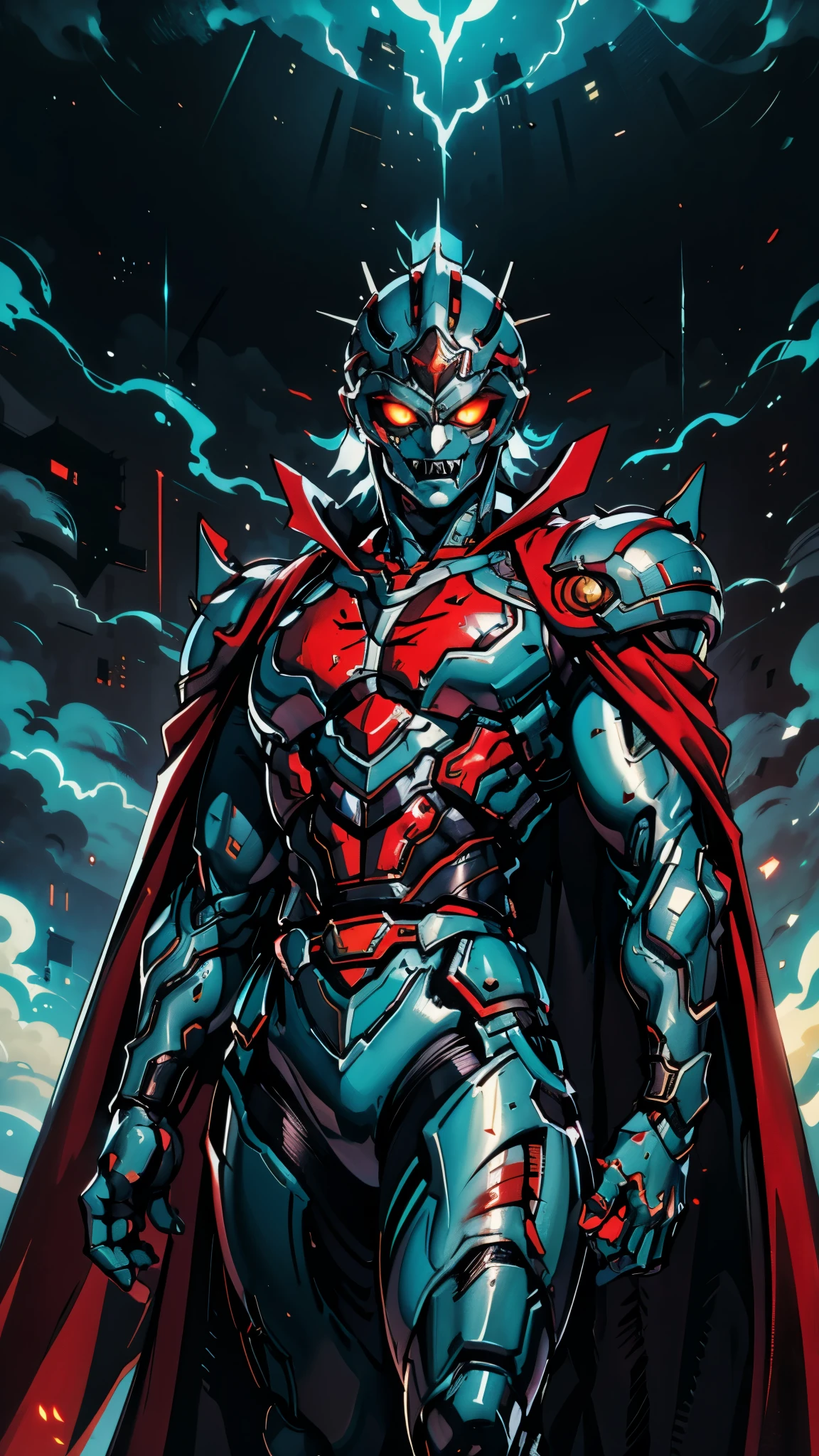 A man wearing a full-face helmet, a fantasy-style biotech armored combat suit, green eyes, (a composite layered chest armor), fully enclosed shoulder guards, matching arm and leg guards, the belt is adorned with fangs biting into gemstone, (the color scheme is primarily blue with black and red accents), the design balances heavy with agility, a high-tech bio-mecha armor, (Armor Concept Inspired by Vampire, the huge cape fluttering in the wind, stand on the top of a skyscraper in a futuristic sci-fi city), this character embodies a finely crafted fantasy-surreal style armored hero in anime style, exquisite and mature manga art style, (battle damage, element, blood, plasma, energy, the armor glows), ((male:1.5)), metallic, real texture material, dramatic, high definition, best quality, highres, ultra-detailed, ultra-fine painting, extremely delicate, professional, perfect body proportions, golden ratio, anatomically correct, symmetrical face, extremely detailed eyes and face, high quality eyes, creativity, RAW photo, UHD, 32k, Natural light, cinematic lighting, masterpiece-anatomy-perfect, masterpiece:1.5