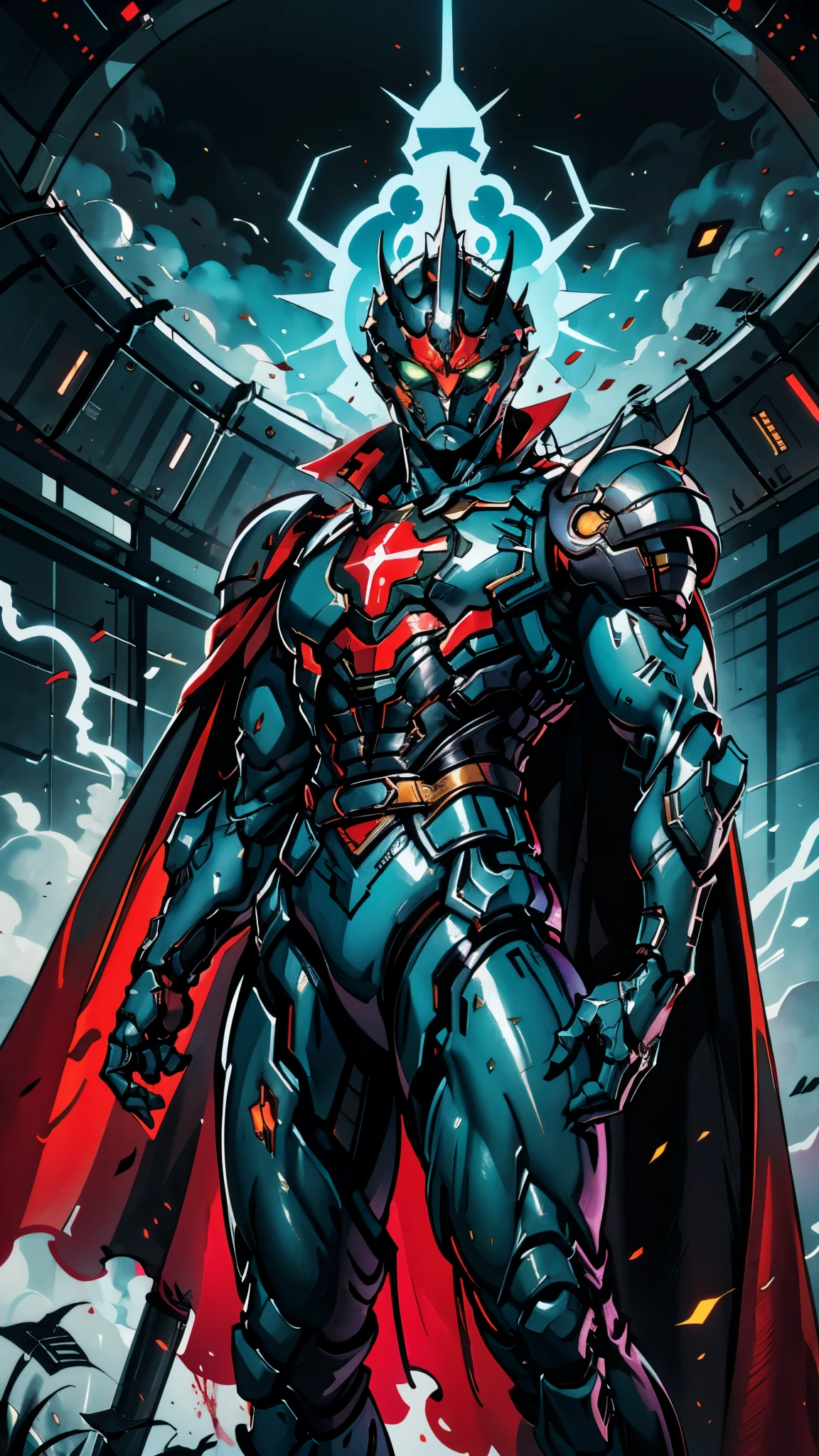 A man wearing a full-face helmet, a fantasy-style biotech armored combat suit, green eyes, (a composite layered chest armor), fully enclosed shoulder guards, matching arm and leg guards, the belt is adorned with fangs biting into gemstone, (the color scheme is primarily blue with black and red accents), the design balances heavy with agility, a high-tech bio-mecha armor, (Armor Concept Inspired by Vampire, the huge cape fluttering in the wind, stand on the top of a skyscraper in a futuristic sci-fi city), this character embodies a finely crafted fantasy-surreal style armored hero in anime style, exquisite and mature manga art style, (battle damage, element, blood, plasma, energy, the armor glows), ((male:1.5)), metallic, real texture material, dramatic, high definition, best quality, highres, ultra-detailed, ultra-fine painting, extremely delicate, professional, perfect body proportions, golden ratio, anatomically correct, symmetrical face, extremely detailed eyes and face, high quality eyes, creativity, RAW photo, UHD, 32k, Natural light, cinematic lighting, masterpiece-anatomy-perfect, masterpiece:1.5