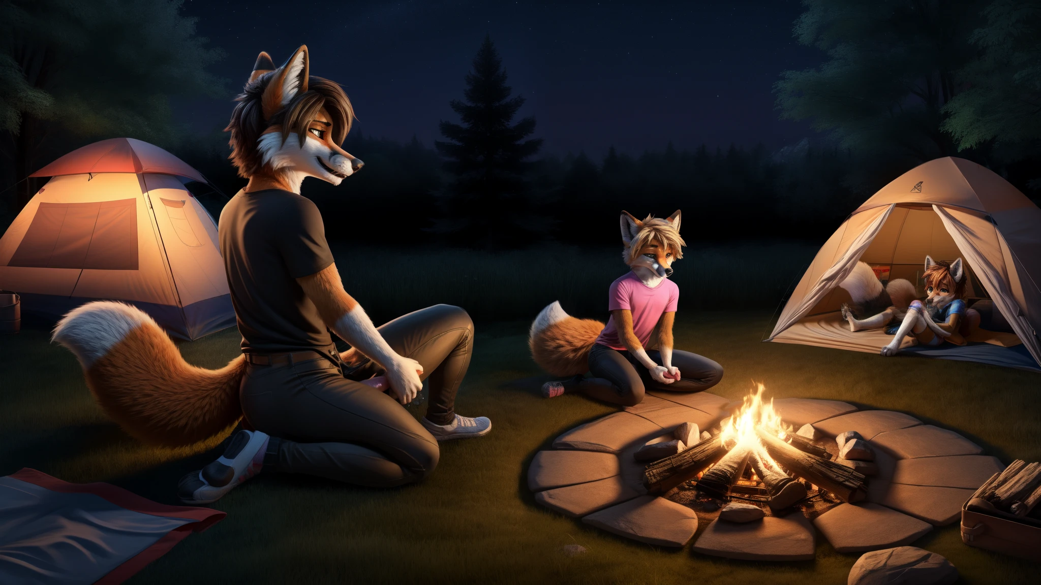 2 boys, Fox, femboy, girly, tight pants, tight t-shirt, butt, masturbation, canine penis, in the forest, young girl, pussy, pussy juice, campfire, tent on the background, night 