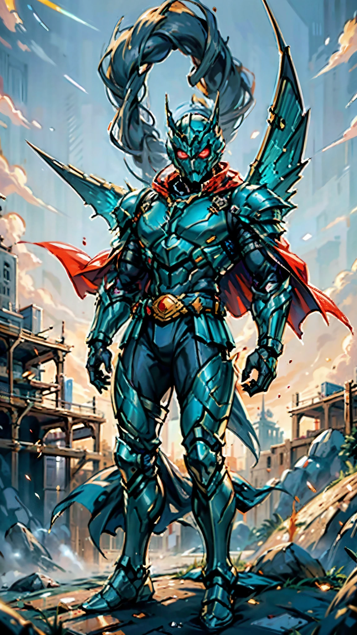 A man wearing a full-face helmet, a fantasy-style biotech armored combat suit, green eyes, (a composite layered chest armor), fully enclosed shoulder guards, matching arm and leg guards, the belt is adorned with fangs biting into gemstone, (the color scheme is primarily blue with black and red accents), the design balances heavy with agility, a high-tech bio-mecha armor, (Armor Concept Inspired by Vampire, the huge cape fluttering in the wind, stand on the top of a skyscraper in a futuristic sci-fi city), this character embodies a finely crafted fantasy-surreal style armored hero in anime style, exquisite and mature manga art style, (battle damage, element, blood, plasma, energy, the armor glows), ((male:1.5)), metallic, real texture material, dramatic, high definition, best quality, highres, ultra-detailed, ultra-fine painting, extremely delicate, professional, perfect body proportions, golden ratio, anatomically correct, symmetrical face, extremely detailed eyes and face, high quality eyes, creativity, RAW photo, UHD, 32k, Natural light, cinematic lighting, masterpiece-anatomy-perfect, masterpiece:1.5