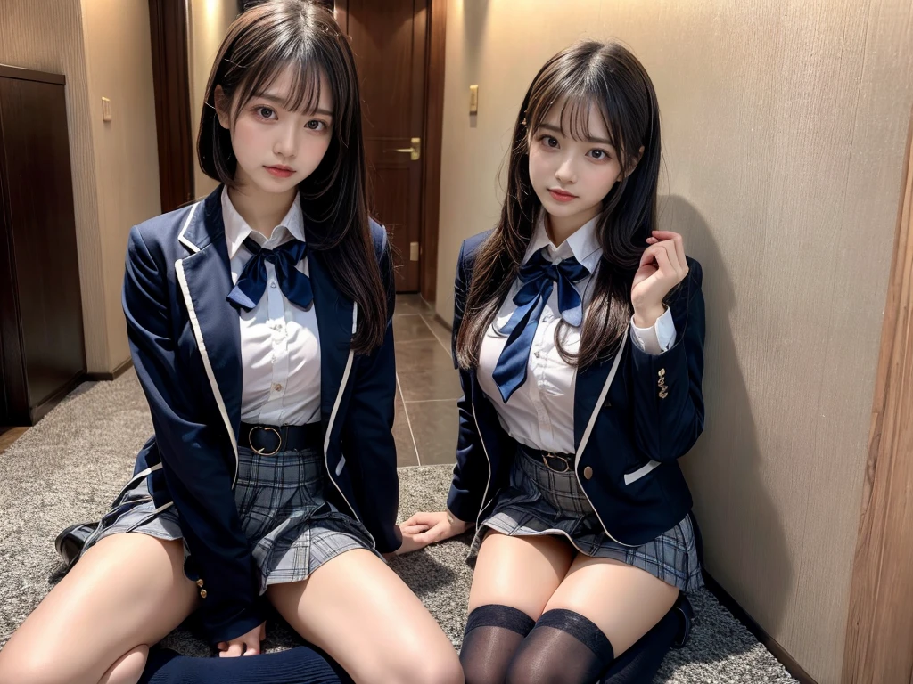 (8K, Raw photography, top-quality, masterpiece:1.2), master piece, best quality, illustration, Super detailed, fine details, High resolution, 8K,wall paper, perfect dynamic composition,(Details High quality, realistic depiction of eyes:1.3), ((2 girls, 2 schoolgirls)), The background is a luxury hotel room、High school girl uniform、blazer 、Super Short Check Uniform Skirt、Navy blue high socks、garterbelts、Colossal tits、Disturbed uniform, Play with each other,Touching each other's bodies,Touching the body of the girl next door, short bob hair, black hair color, huge breasts, Big Natural Color Lip, bold sexy pose, (perfect body shape), crying a little、cold gaze, Beautiful makeup,glitter makeup,Cutest 18 years old, beautiful legs, hposing Gravure Idol, Voluptuous thighs