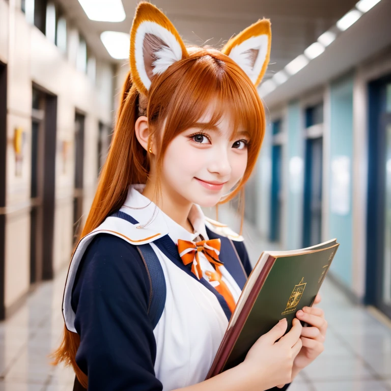 masterpiece, best quality, highly detailed, beautiful girl at school with her neat uniform and sweet smile, holding a textbook in her hand. The background is a busy school hallway with her friends interacting behind her, animal ear fluff, animal ears, orange hair, fluffy hair, blush, brown eyes, flower, fox ears