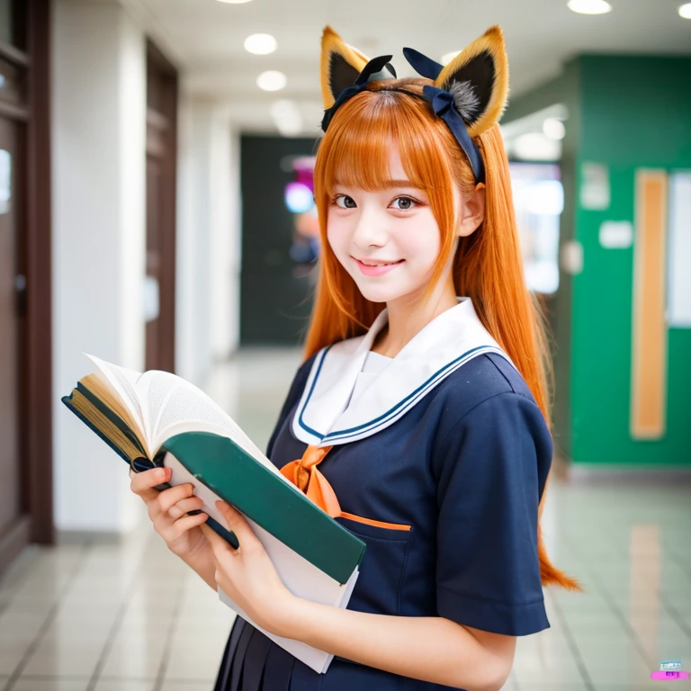 masterpiece, best quality, highly detailed, beautiful girl at school with her neat uniform and sweet smile, holding a textbook in her hand. The background is a busy school hallway with her friends interacting behind her, animal ear fluff, animal ears, orange hair, fluffy hair, blush, brown eyes, flower, fox ears