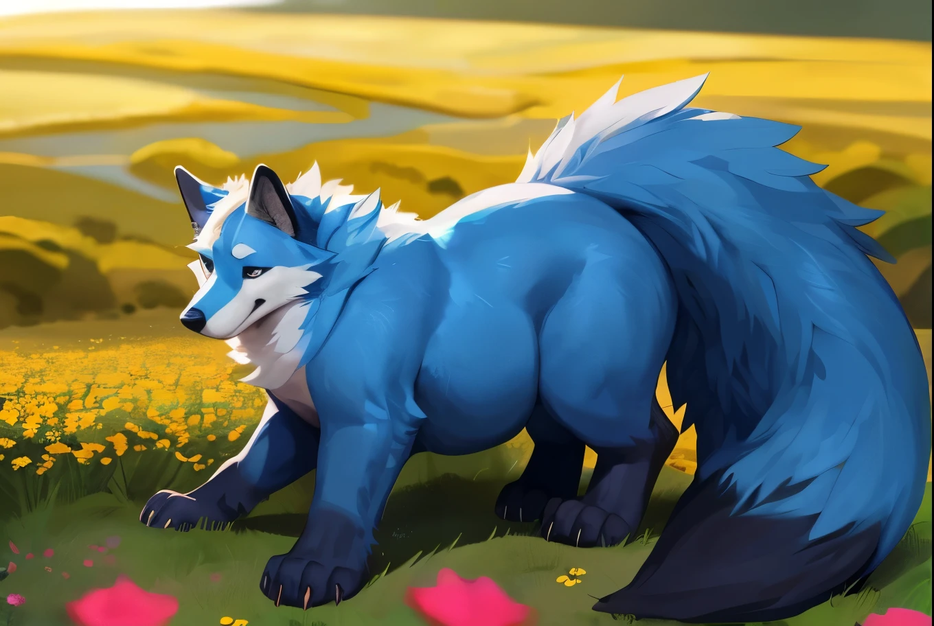 4k ultra quality, 4k full body view,(ultra high detailed body),((feral)) fox,by mystikfox61, by glitter trap boy,feral paws, by bebebebebe,by morethreedee, by seibear,(thick thigh),(chubby thigh),thicc thigh,thick legs,chubby legs,thicc legs,massive butt,enomorous thigh,massive thigh,massive legs,thick lower legs,wide legs,(detailed thigh),(wide thigh),fluffy belly sharp nails,((sfw)),(ultra detailed face),detailed eyes,big tail,fluffy tail,(detailed tail),enomorous tail,bigger tail,huge tail,volumetric light,big paws,(thick paws),fluffy paws,furry paws,enomorous paws,(feral focus), beast,(bigger lower body),(long legs),front view,master works, super fine, 4k resolution, high quality,high picture detail,dark fantasy,illusory engine, Masterpiece,front view,dire fox,faint lighting,charming (feral) body,hyper belly,chubby (feral) body,flower field