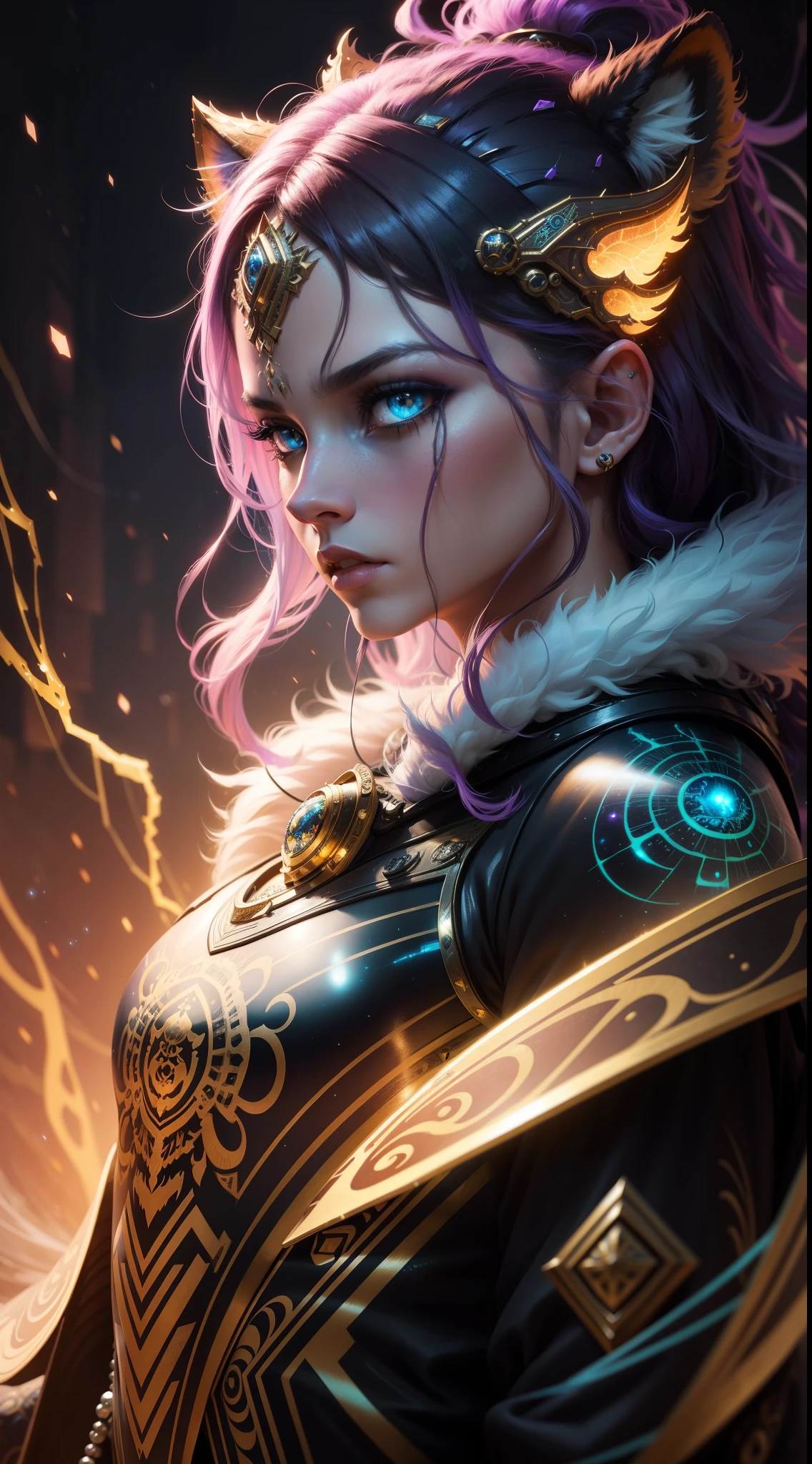 Galactic tiger with lots of hair on its head, third eye, staring at something far away, intricate details, electric, fantasy art, Anato Finnstark, latex painting, very detailed, misty rutkowski, HDR, ultra-detailed, edge light, faded, dull