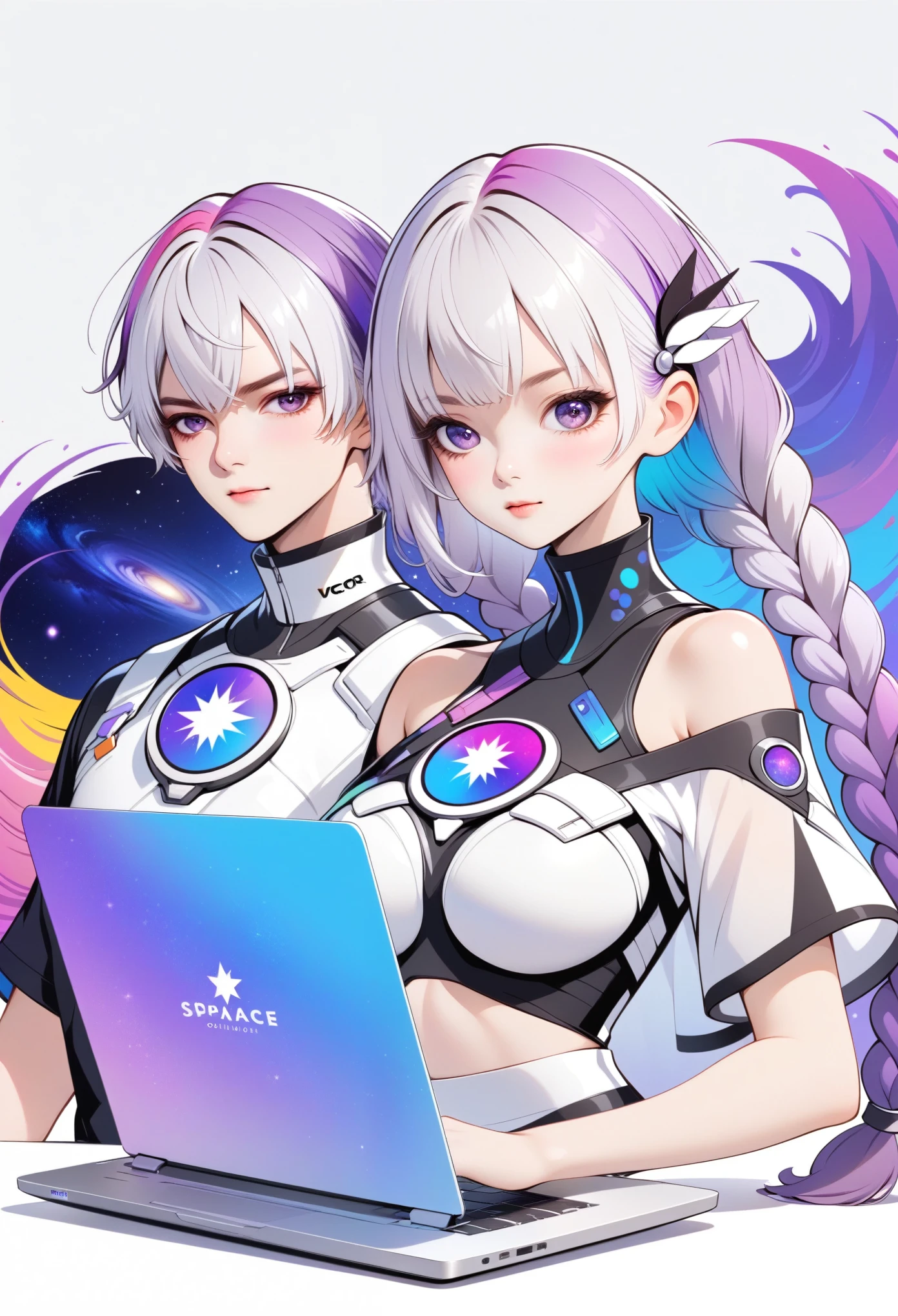 Graphic design,vector art,Smooth lines,Simple style,Interesting product poster design:bust,Short white hair for boy,Girl white hair purple hair ornament long braids,hair ornament,High collar off-shoulder short sleeves,Galaxy theme,(fashion design),(Vibrant colors)(Bright colors),(((Leave white space on the right,laptop,Text "COLORFUL")))