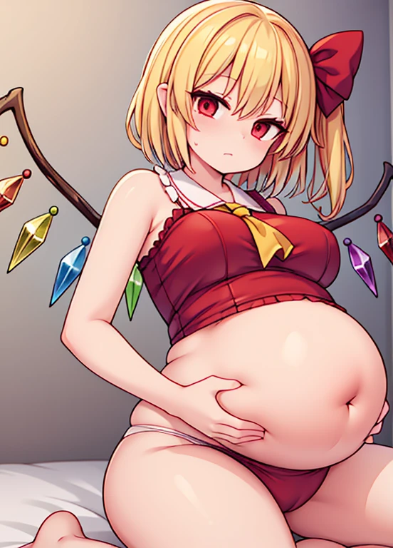 An image of Flandre scarlet pregnant with her belly on full display, she's giving a handjob to a guy