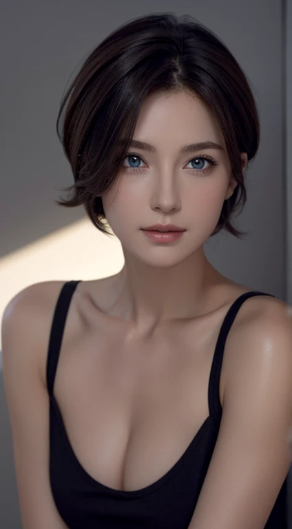 Skin Tight Black Top:1.2, Looking at Viewer, Cinematic lighting, Perfect, softlight, High resolution skin:1.2, Realistic skin texture, 30 years old mature woman、a small face、no-makeup、, off shoulders,Bust B Cup、Small cleavage, Blue eyes, Short hair, dark brown hair、fullnude、Gray background、