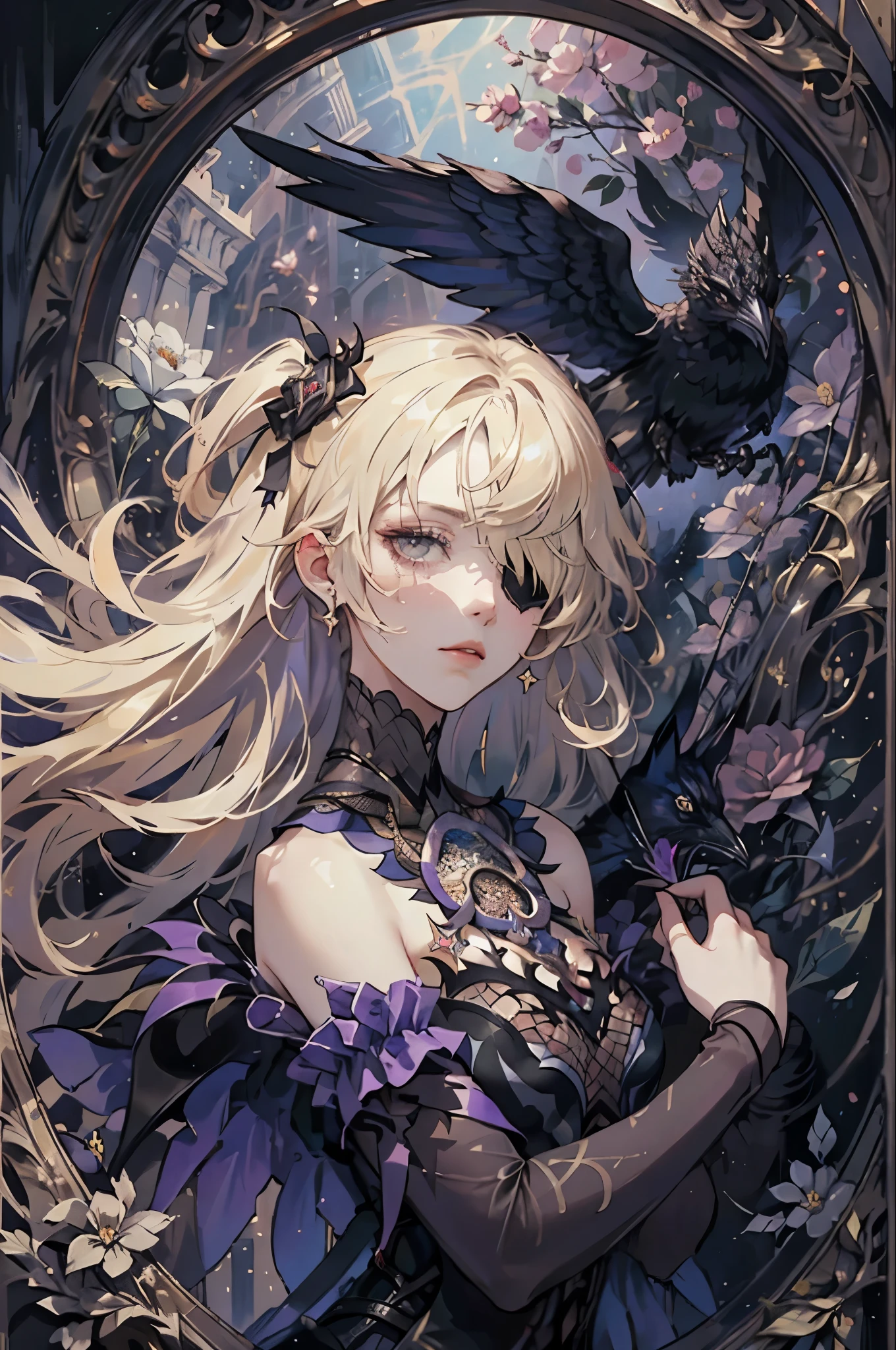 1woman, flowy blond hair ponytails, gothic, rose eyepatch in one eye, black lace gothic ****ta dress, dried flowers, stained glass, official art, unity 8k wallpaper, ultra detailed, beautiful and aesthetic, beautiful, masterpiece, best quality, (zentangle, mandala, tangle, entangle), (ecstasy of flower:1.2) dynamic angle, the most beautiful form of chaos, elegant, a brutalist designed, vivid colours, romanticism, atmospheric, extremely delicate and beautiful, Amazing, finely detail, masterpiece, ultra-detailed, highres,best illustration, best shadow,intricate,sharp focus, high quality,dark gothic princess, purple ghost of a raven