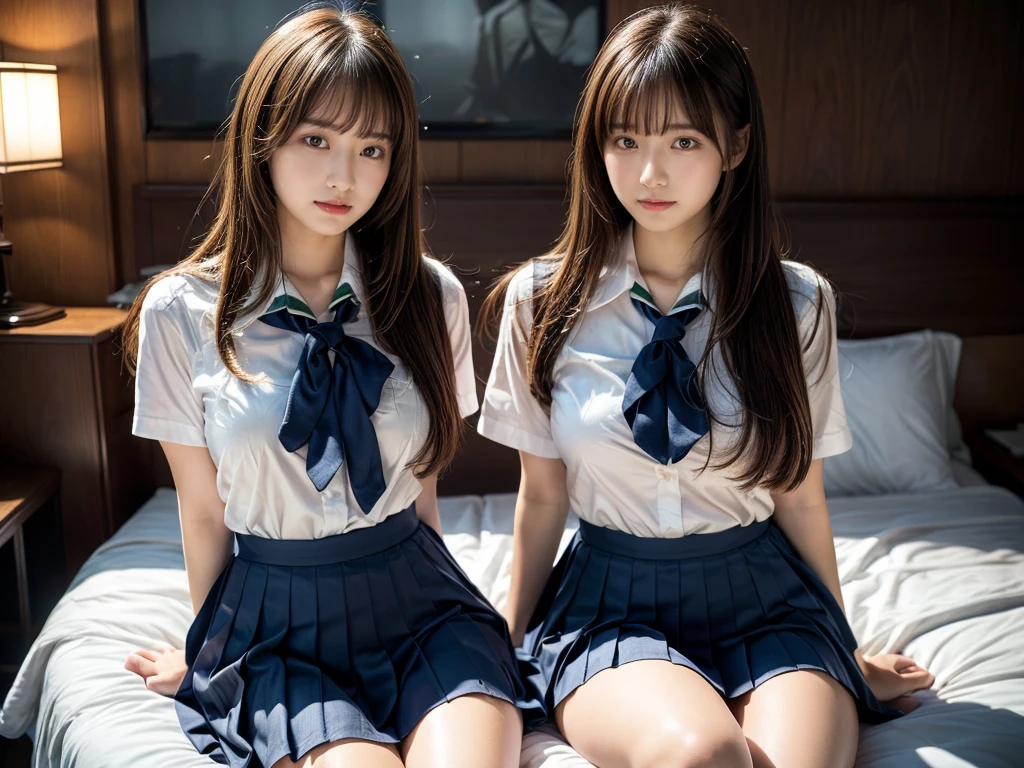 (RAW photo, 4k, masterpiece, high resolution, extremely complex) (realistic: 1.4), cinematic lighting
((2 girls, 2 schoolgirls)),Slam Dunk's,blushing,((innocent)),bright eyes,round eyes,blunt bangs,(straight hair:1.3),black hair,large breasts,wide hips,Summer Noon, ,Hot, (Best Quality), (Highres), (an Extremely Delicate and Beautiful),(Beautiful 8k face),(Brown eyes),short bob hair,( spectators),(gigantic breasts),(Play with each other,Touching each other's bodies,Touching the body),(Japanese high school uniform:1.3),blue skirt,(reality),bright lighting,(The background is a luxury hotel room)