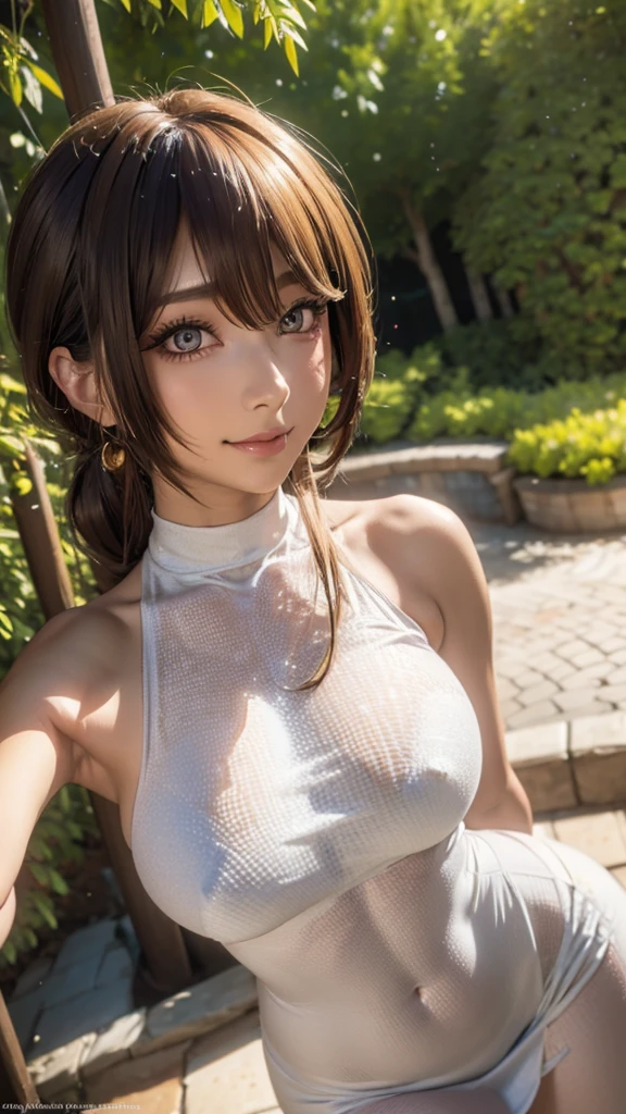 Very detailed, beautiful, highest quality, Professionally taken photos, Like a poster, detailed beautiful round eyes, beautiful detailed face, Whole Body Ezbian, Medium Long Hair, Casual Hairstyles, (Random color hair, Golden mesh), Big eyes, Random color eyes, Long eyelashes, Thick mascara, Dark eyeliner, (Huge breasts), (Bust about to burst:1.4), Wide selection, Thick waist), (Wide Hips:1.4, Toned thighs, Body Curves), 40 years old, woman, (White tight dress, white), Perfect Face, Perfect body, Sexy pose, (A shy smile), Random Location, nature, (alone), The light on my face,