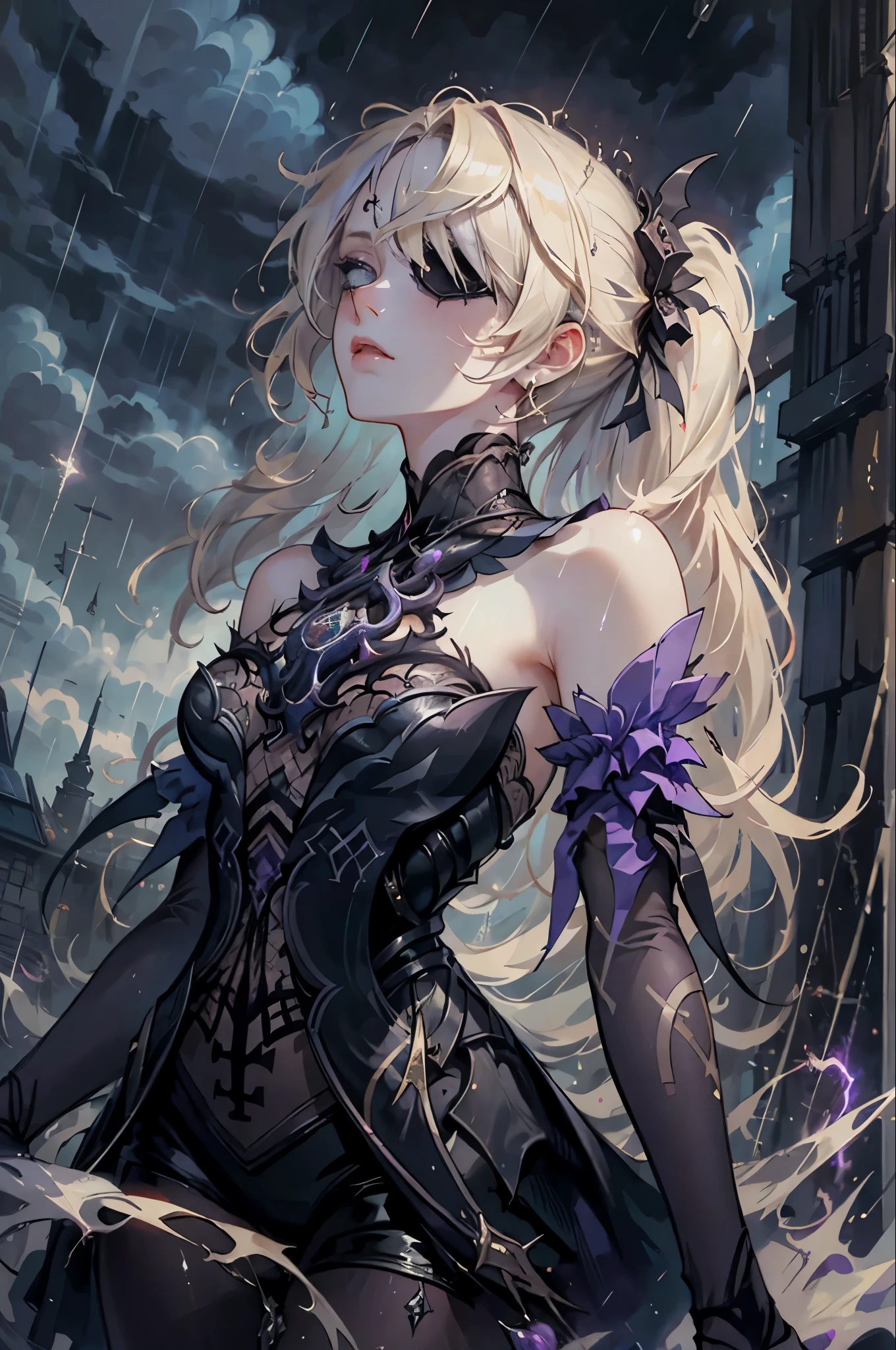 1woman, flowy blond hair ponytails, gothic, rose eyepatch in one eye, black lace gothic ****ta dress, official art, unity 8k wallpaper, ultra detailed, beautiful and aesthetic, beautiful, masterpiece, best quality, (zentangle, mandala, tangle, entangle), (ecstasy of flower:1.2) dynamic angle, the most beautiful form of chaos, elegant, a brutalist designed, vivid colours, romanticism, atmospheric, extremely delicate and beautiful, Amazing, finely detail, masterpiece, ultra-detailed, highres,best illustration, best shadow,intricate,sharp focus, high quality,dark gothic princess, purple ghost of a raven ((outside in the rain, lightning in the sky))