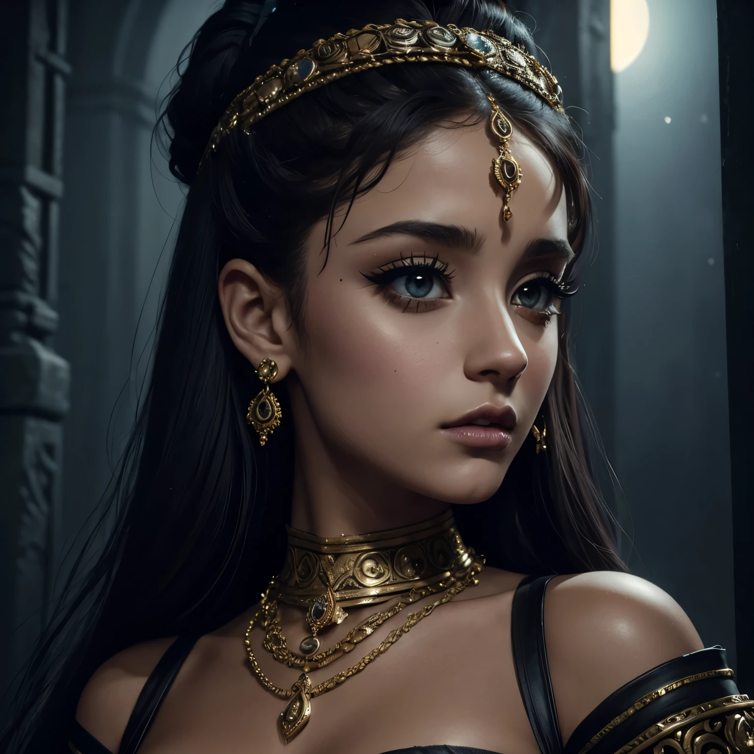 a beautiful woman, ariana grande, jabba's slave, chain on neck, detailed face, detailed eyes, detailed lips, beautiful detailed facial features, long eyelashes, intricate jewelry, ornate costume, dynamic pose, dramatic lighting, cinematic composition, dark fantasy, moody atmosphere, cinematic lighting, dark colors, rich textures, highly detailed, 4k, ultra-detailed, photorealistic, professional, masterpiece