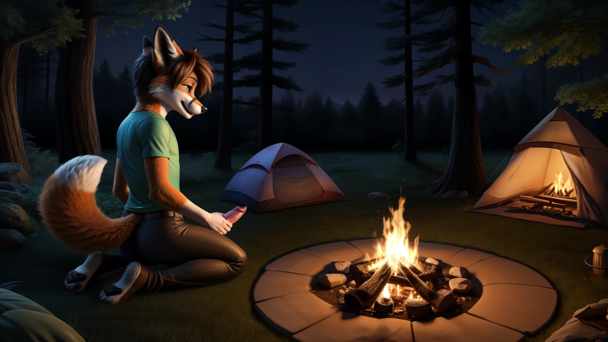 2 boys, Fox, femboy, girly, tight pants, tight t-shirt, butt, masturbation, canine penis, in the forest, campfire, tent on the background, night 