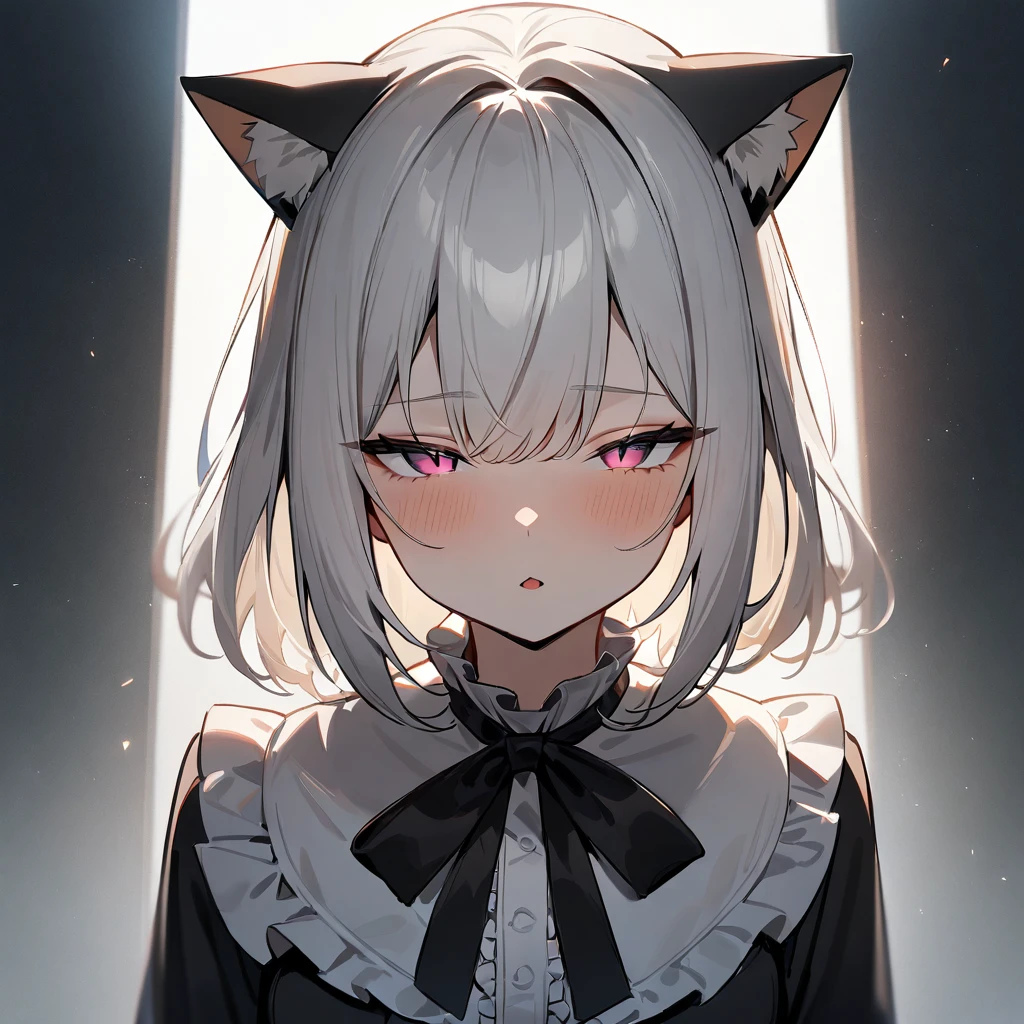 1girl,Cat ear,Slit pupil,masterpiece,best quality, very aesthetic,absurdres,highlight,center frills,cat ear,medium shot,looking at viewer,half closed eyes,front view,Parted lips,kiss,Dutch angle,straight-on,White hair,arms,imminent kiss