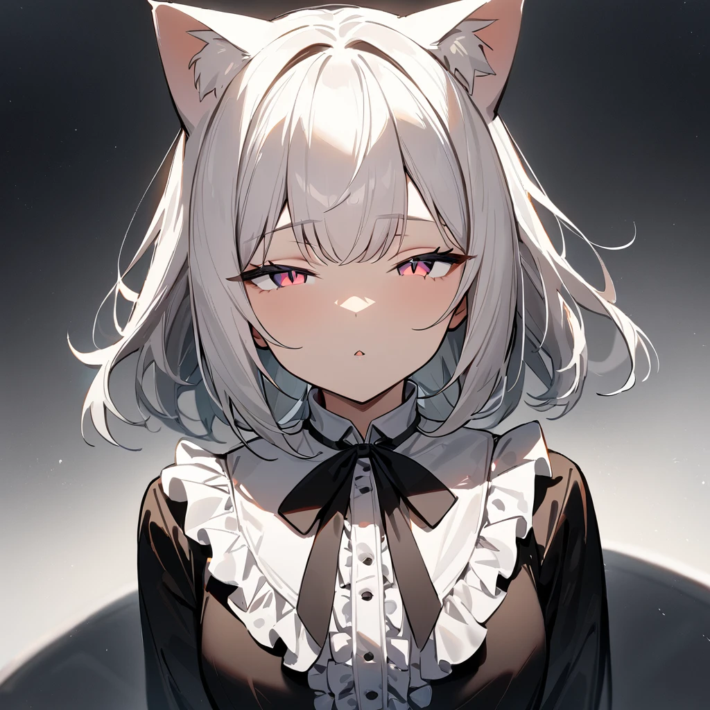 1girl,Cat ear,Slit pupil,masterpiece,best quality, very aesthetic,absurdres,highlight,center frills,cat ear,medium shot,looking at viewer,half closed eyes,front view,Parted lips,kiss,Dutch angle,straight-on,White hair,arms,imminent kiss