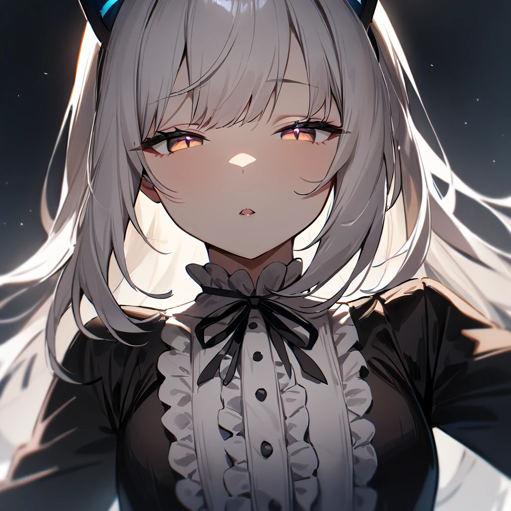 1girl,Cat ear,Slit pupil,masterpiece,best quality, very aesthetic,absurdres,highlight,center frills,cat ear,medium shot,looking at viewer,half closed eyes,front view,Parted lips,kiss,Dutch angle,straight-on,White hair,arms,imminent kiss