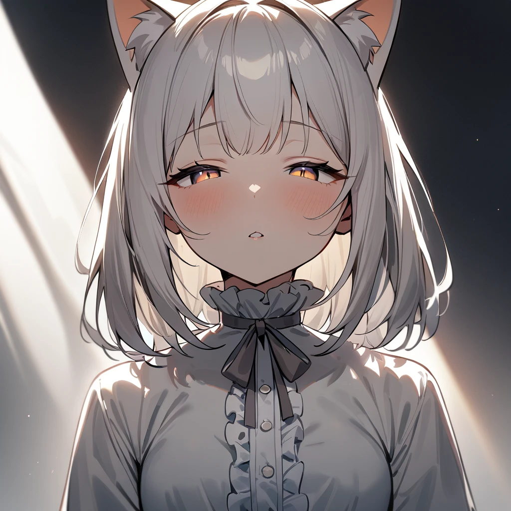1girl,Cat ear,Slit pupil,masterpiece,best quality, very aesthetic,absurdres,highlight,center frills,cat ear,medium shot,looking at viewer,half closed eyes,front view,Parted lips,kiss,Dutch angle,straight-on,White hair,arms,imminent kiss