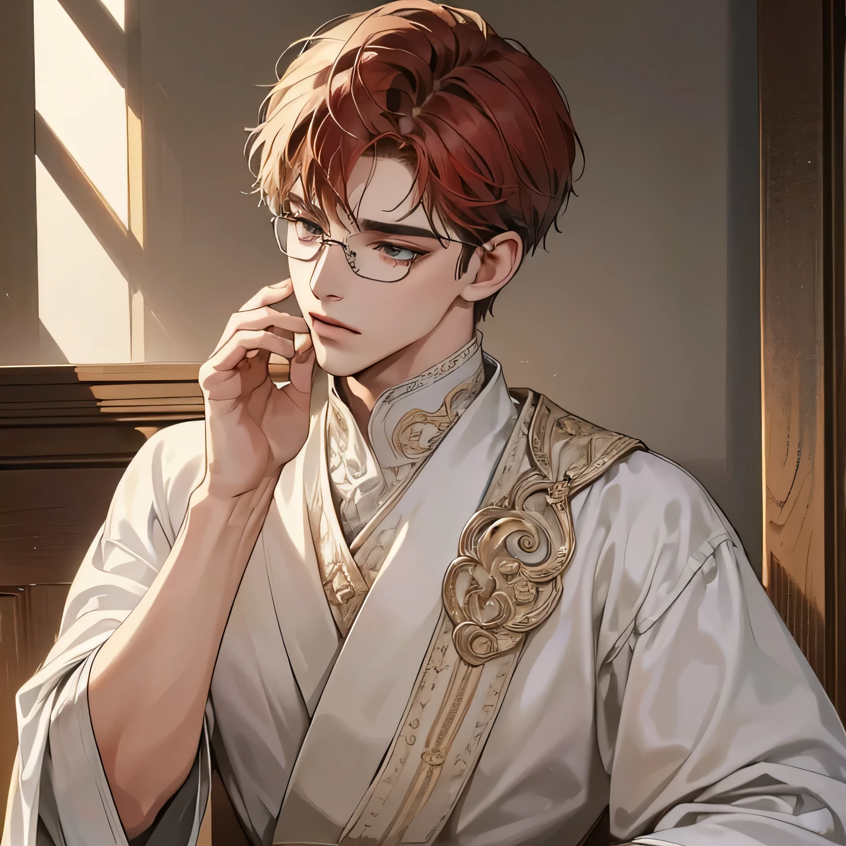 (extremely delicate and handsome:1.2), 8K,(masterpiece:1.0),(best_quality:1.0), 1 man, and intricate detailing, Enlarged textures, and intricate detailing, finely eye and detailed face, and intricate detailing, shiraga, red short hair, (closed mouths), Perfect eyes, tired eyes, glasses, Equal eyes, carolina eyes (A male god) with ancient priest clothing