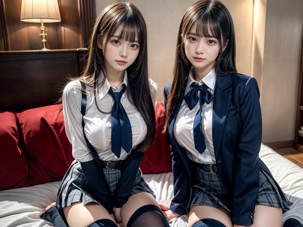 (8K, Raw photography, top-quality, masterpiece:1.2), master piece, best quality, illustration, Super detailed, fine details, High resolution, 8K,wall paper, perfect dynamic composition,(Details High quality, realistic depiction of eyes:1.3), ((2 girls, 2 schoolgirls)), The background is a luxury hotel room、High school girl uniform、blazer 、Super Short Check Uniform Skirt、Navy blue high socks、garterbelts、Colossal tits、Disturbed uniform, Play with each other,Touching each other's bodies,Touching the body of the girl next door, short bob hair, black hair color, huge breasts, Big Natural Color Lip, bold sexy pose, (perfect body shape), crying a little、cold gaze, Beautiful makeup,glitter makeup,Cutest 18 years old, beautiful legs, hposing Gravure Idol, Voluptuous thighs
