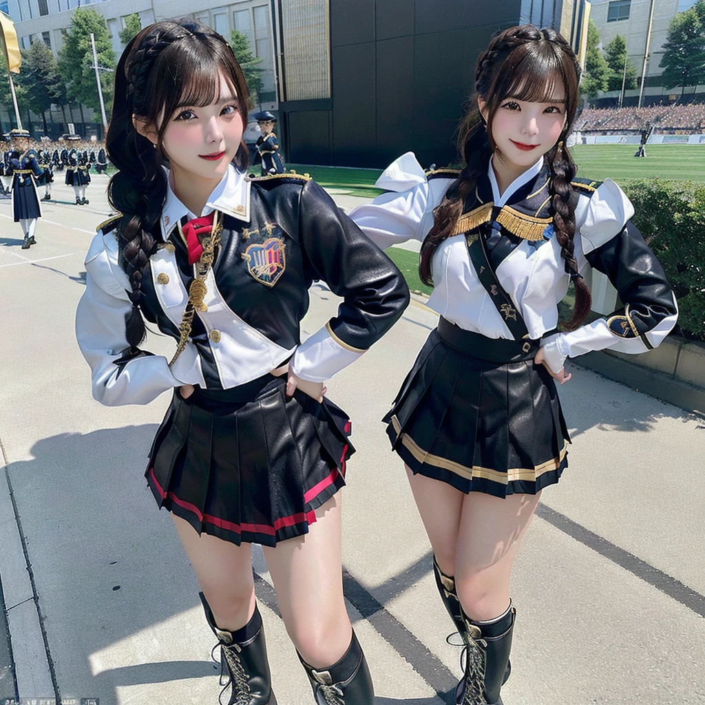 A girl dressed as a drum major with a marching band in the background,Skin-tight leather marching outfit、 A short pleated skirt that exposes your butt、White braided boots、Highly detailed official artwork, 4K Konachan Wallpaper, Kschaert Krentz Key Art Feminine, marin kitagawa fanart, High resolution,