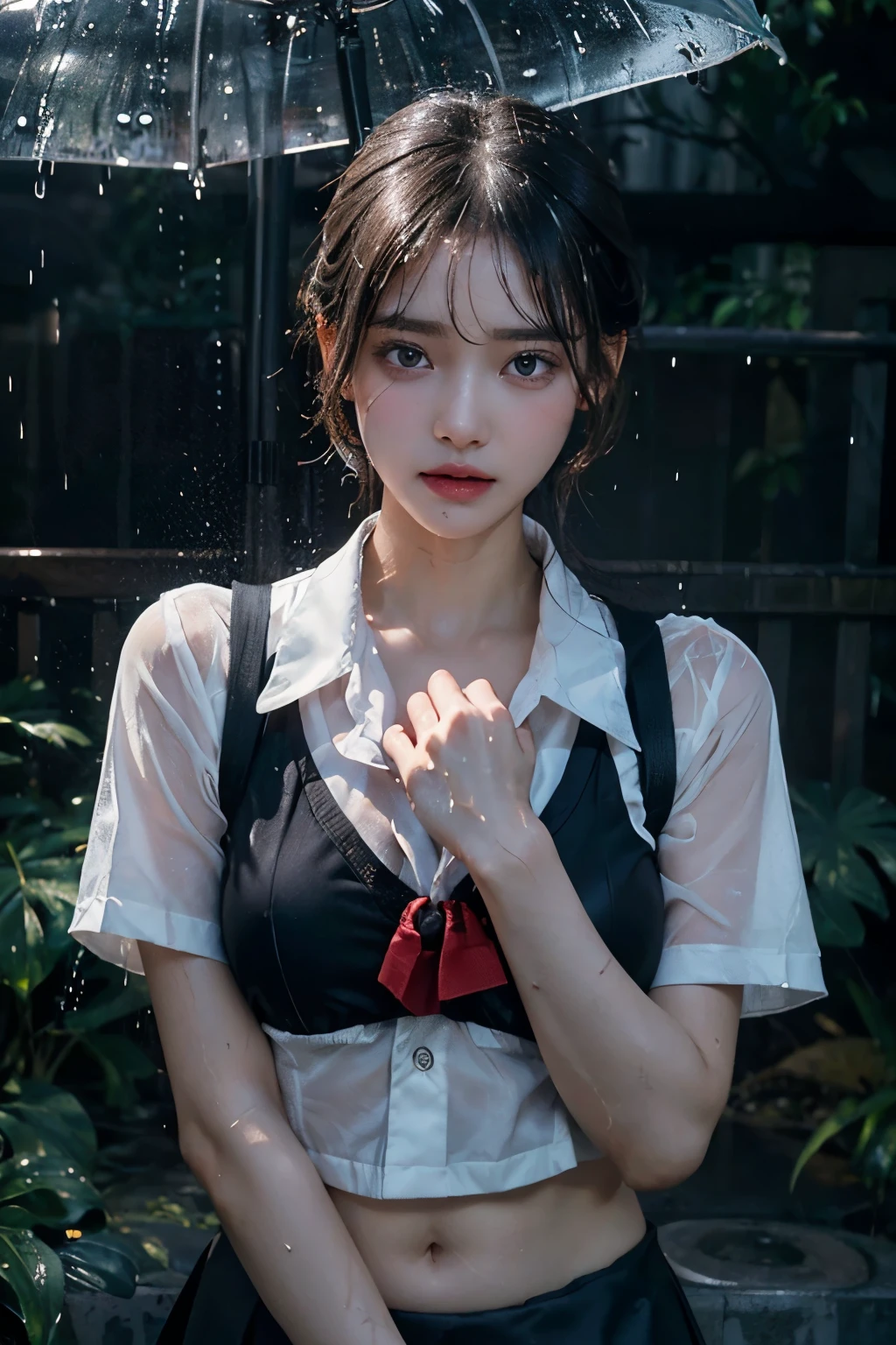 violaceaess, gardeniass, rosaceaess, (Masterpiece, Best quality:1.4), Delicate girl, Beautiful short hair, Close up, school uniform, White dress shirt, short- sleeved, dark grey pleated plaid skirt, 8K, 50mm portrait, RAW photo, absurderes, breasts focus, Large breasts, Thin arms, Very thin waist, arching back, No makeup, worried, Sophisticated, facelight, clear lighting, filmgrain, color difference, (dark red necktie:1.2), (Wet shirt:1.3), street, Bokeh, (Simple background:1.2)