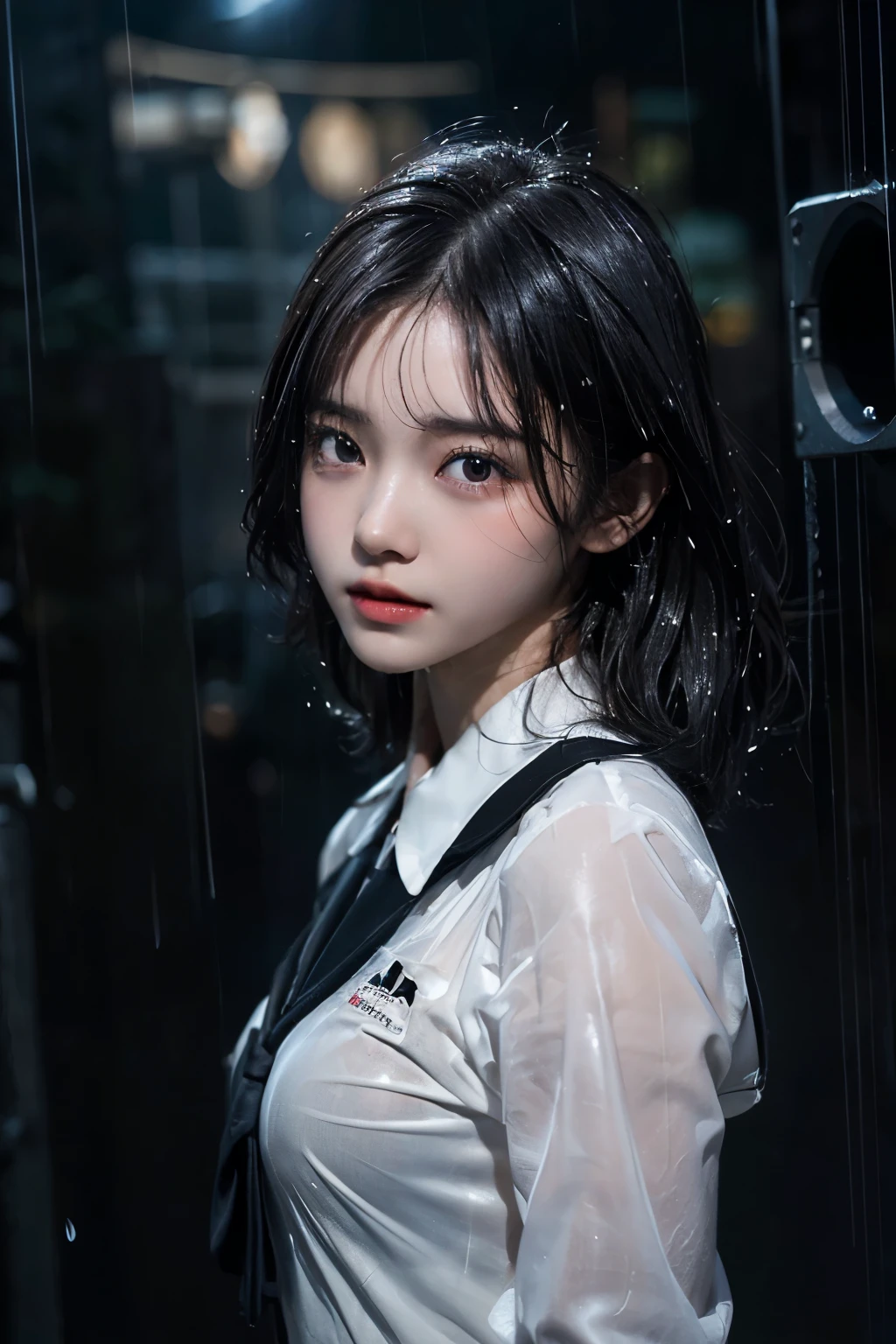 (Leica 10772 M-P, 85mm macro lens, F/8 aperture, film still), (RAW shooting, Photoreal:1.5, 8K, highest quality, masterpiece, ultra high resolution), (((Typhoon heavy rain))), raining, Highly detailed skin and facial textures:1.2, Japanese girl, 18 years old, Fair skin, white skin, (Whole body is floating in the air:1.4), (My whole body is in the air:1.4), (floating:1.4), perfect style:1.2, water droplets on the skin, (black hair:1.2), super short cut hair, (Bra see-through, Chest gap), (rain drips all over my body:1.2, wet body:1.2, wet hair:1.3), (Wet school uniform:1.3), (struggling, The expression on your face when you feel intense caress, Facial expression when feeling pleasure), (beautiful black eyes, Eyes that feel beautiful eros:1.3)