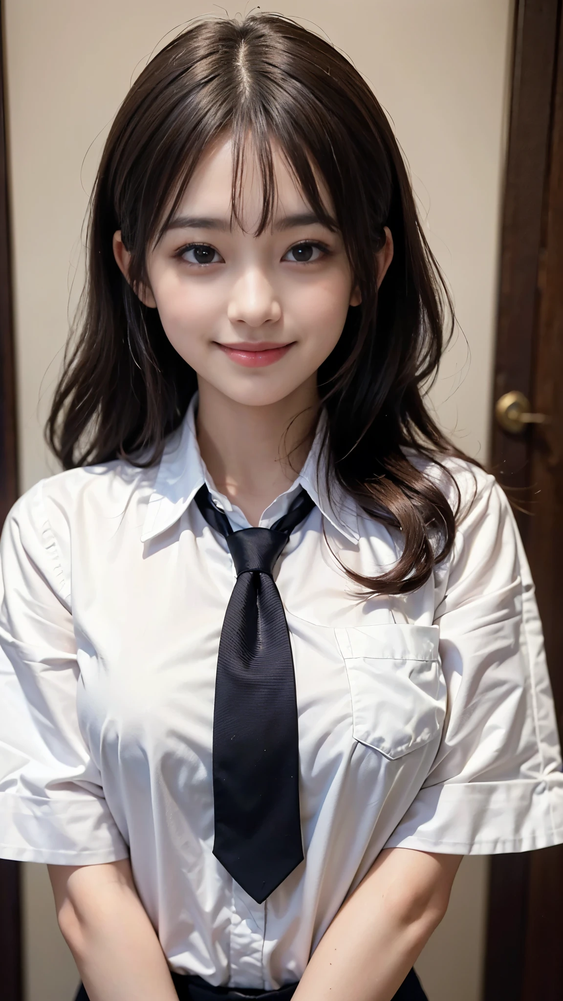 ((highest quality、Masterpiece、High resolution))、(((Zoom photo of upper body))、(A shy smile:1.2)、Light shines in、One 15-year-old female、Beautiful Skin、Beautiful Eyes、Large Breasts、shirt、tie、Black Hair、Trimmed bangs、Wavy Hair
