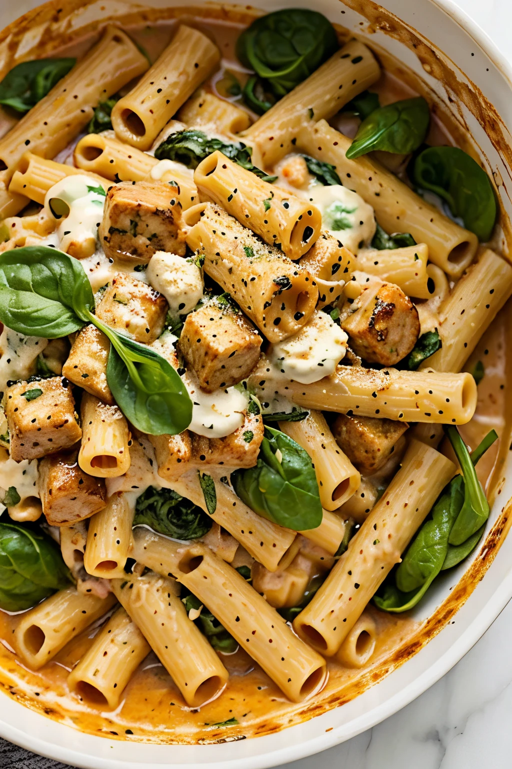 Creamy Sausage Rigatoni with Spinach, Garlic, and Tomato Cream Sauce 