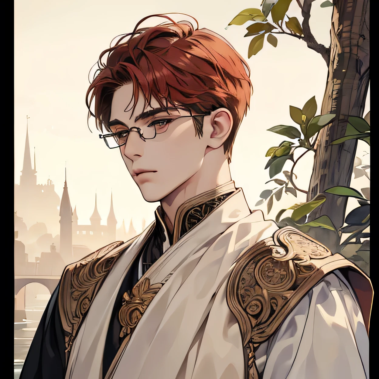 (extremely handsome:1.2), 8K,(masterpiece:1.0),(best_quality:1.0), 1 man, and intricate detailing, Enlarged textures, and intricate detailing, finely eye and detailed face, slightly muscular body, and intricate detailing, shiraga, red short hair, (closed mouths), Perfect eyes, tired eyes, glasses, Equal eyes, carolina eyes (A male god) with ancient priest clothing