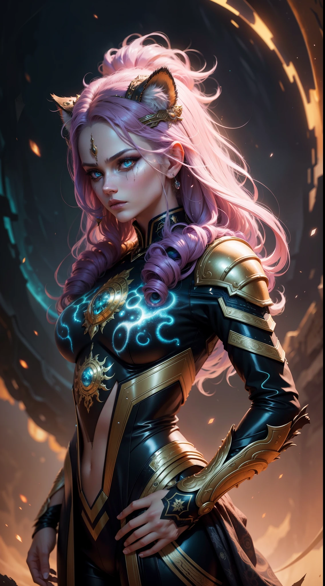 Galactic tiger with lots of hair on its head, third eye, staring at something far away, intricate details, electric, fantasy art, Anato Finnstark, latex painting, very detailed, misty rutkowski, HDR, ultra-detailed, edge light, faded, dull