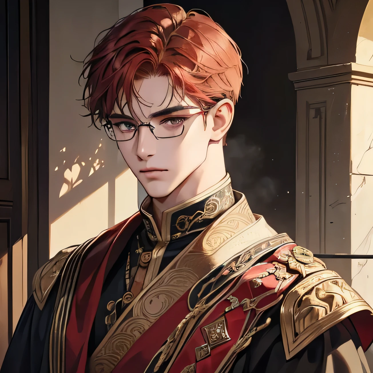 (extremely handsome:1.2), 8K,(masterpiece:1.0),(best_quality:1.0), 1 man, and intricate detailing, Enlarged textures, and intricate detailing, finely eye and detailed face, slightly muscular body, and intricate detailing, shiraga, red short hair, (closed mouths), Perfect eyes, tired eyes, glasses, Equal eyes, carolina eyes (A male god) with ancient priest clothing