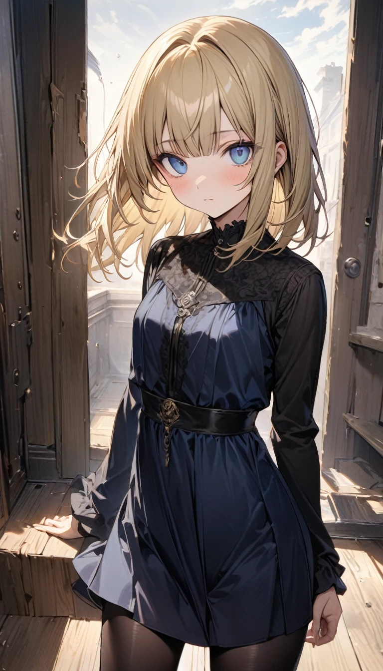 expressionless, **Bad-tempered glare,20 years old, older sister,** master piece, best quality, ultra detailed, handsome, 1 woman, medium hair, hime cut, blonde hair, cute eyes, blue eyes, black tights, black and blue dress