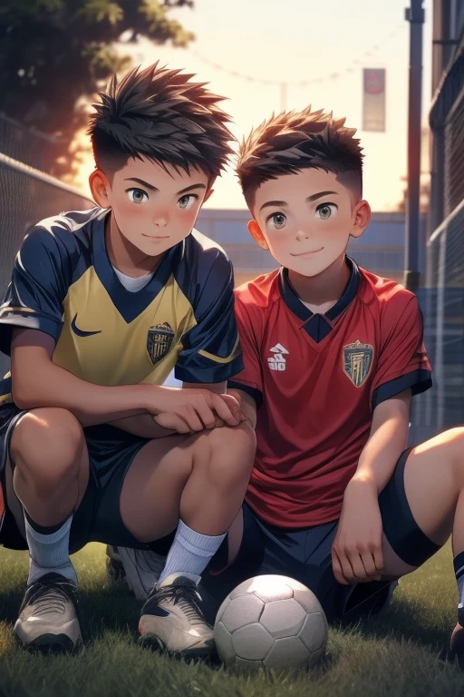 2boys,,,, high school students, soccer uniform, ground, evening, Short spiked hair, crew cut hair, Cute, Young, Asian,